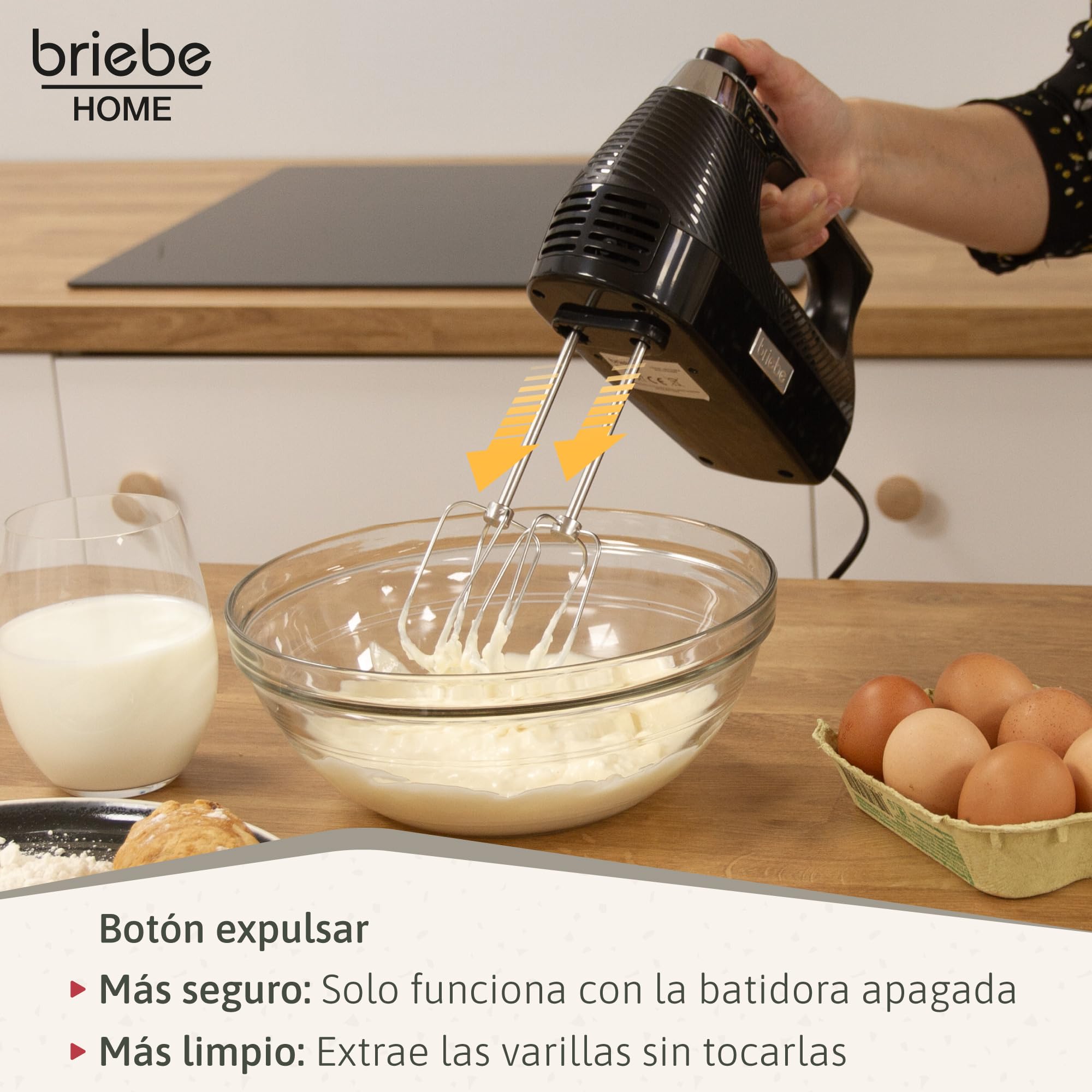 briebe Elegance Set Batidora de Mano 600W, 2 Velocidades Pie Desmontable Acero Inoxidable + Batidora de Varillas Eléctrica 400W, Amasadora de Mano Especial Repostería 5 Velocidades + Turbo (Negro)