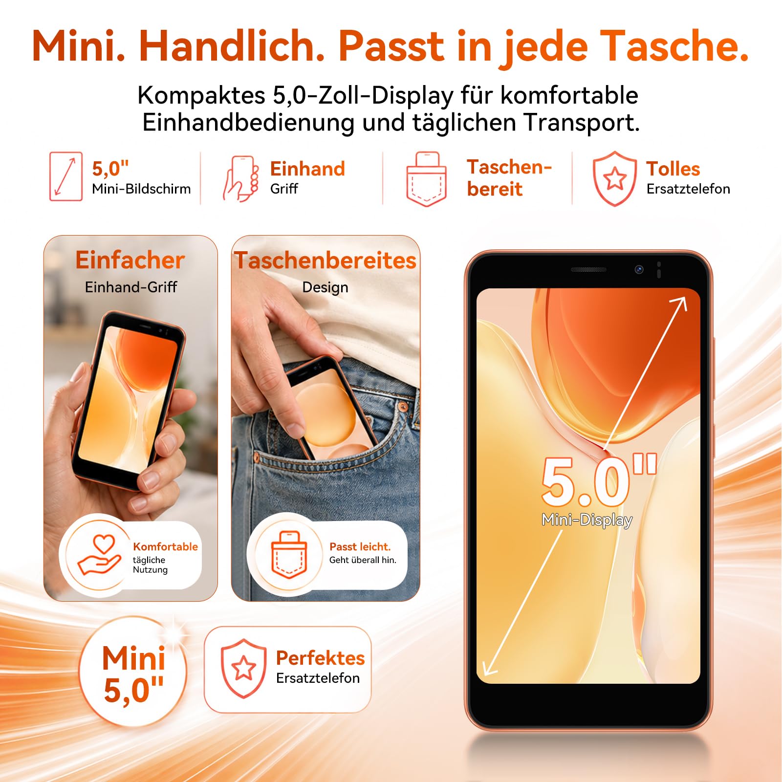Blackview Wave 2C Mini Handy Android 16, 5" HD+ IPS Smartphone Ohne Vertrag, 9GB+32GB/1TB, 4G Dual SIM/Face ID/GPS, Orange