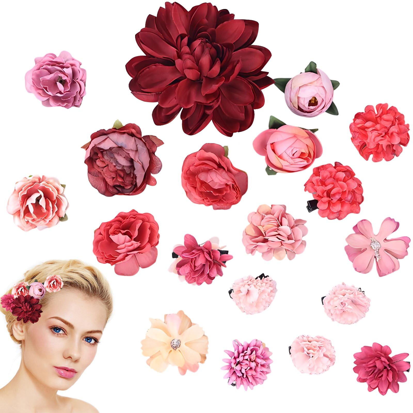 21 pinzas para el cabello con flores,Multicolor Rose Hair Barrette Accesorios,Clip de Pelo de Flor Rosa Pinzas de Pelo Hebillas de Pelo de Flor para Lady Mujeres Niñas Wedding Party (A-20)
