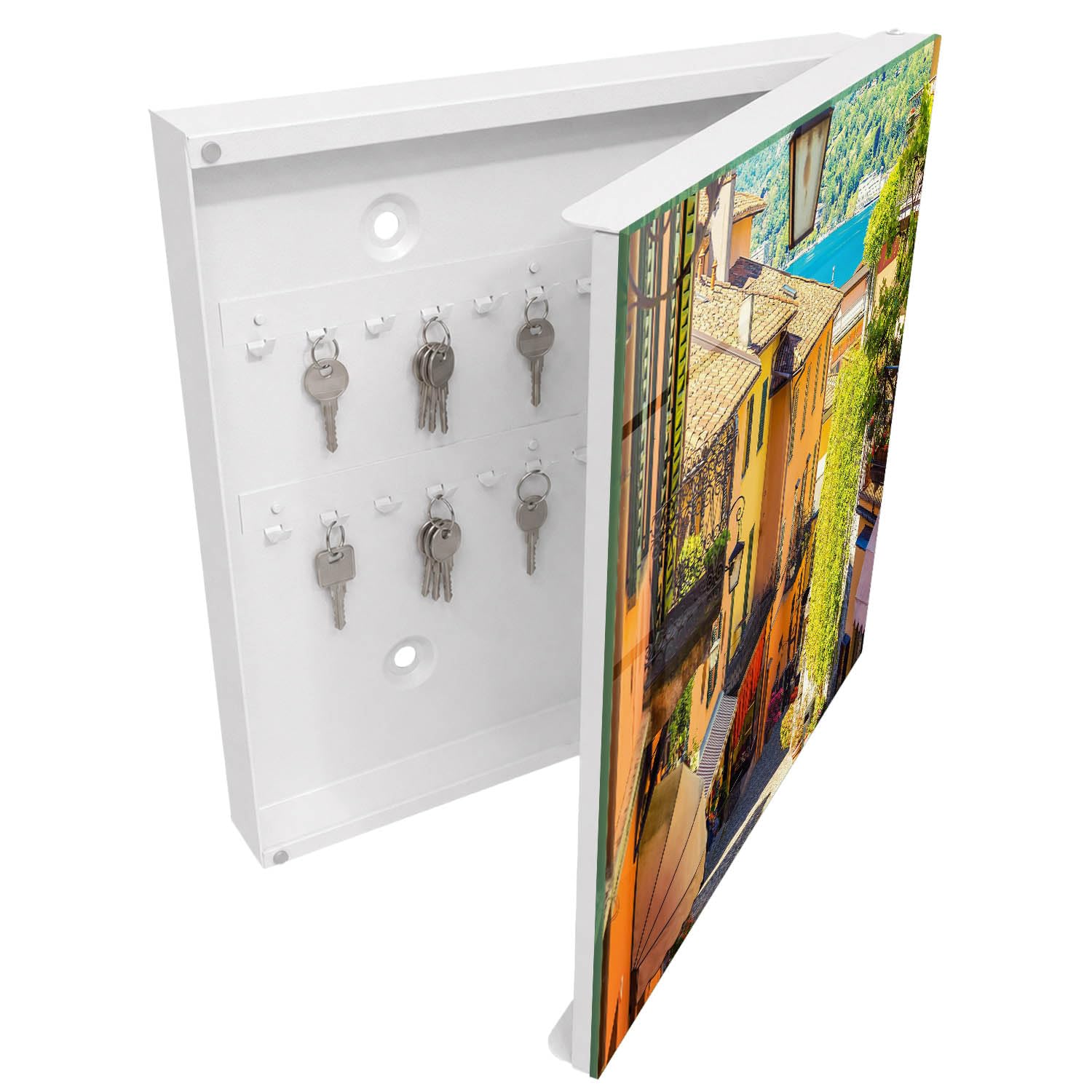 Armadietto Portachiavi 30x30 cm | Bianco | A Destra | Montaggio a Parete | Una città colorata | per Uffici | in Metallo | Frontale Decorativo in Vetro Temperato | Tasselli e Viti Inclusi