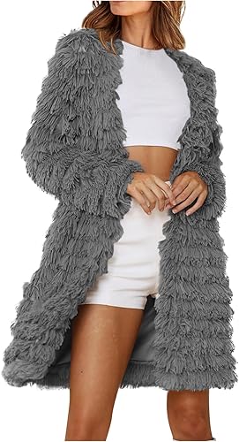 JEGULV Long Faux Fur Jackets for Women 2023 Winter Elegant Shaggy Coat Fashion Open Front Shaggy Coat Outerwear