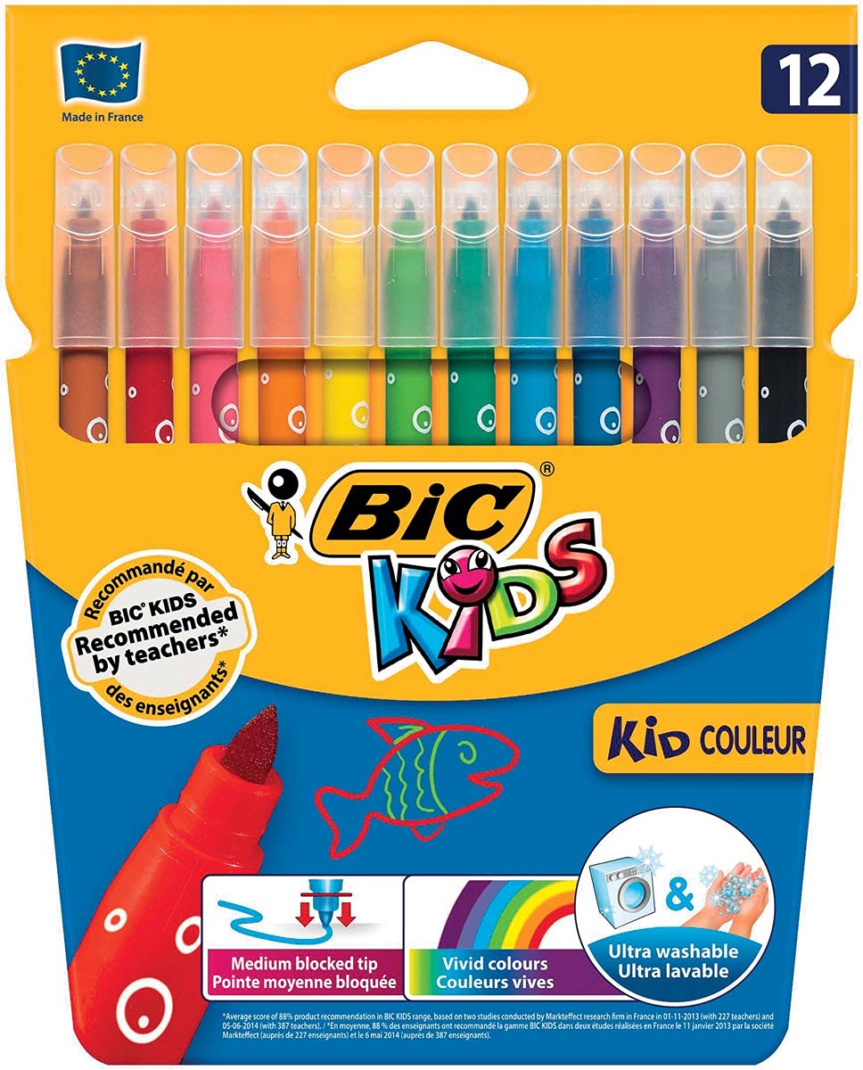 BIC Kids Kid Couleur Felt Tip Colouring Pens - Assorted Colours, Cardboard Wallet of 12