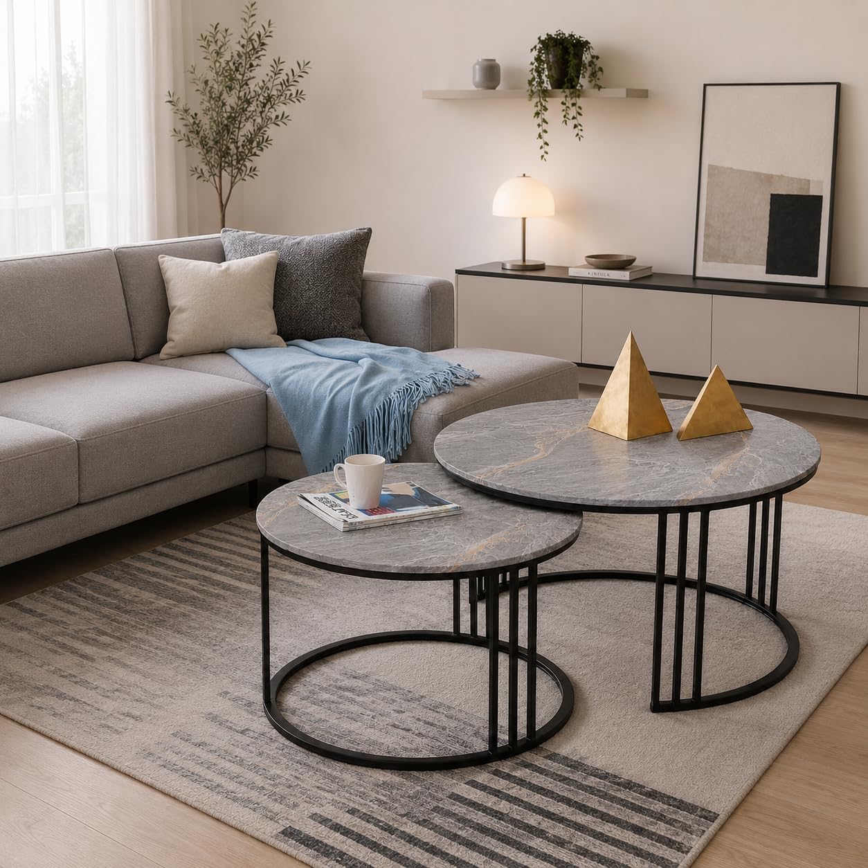 Coffee Table Round Sofa Small Side Table Nesting Table, Modern Negotiation Table Combination Table, Suitable for Living Room Bedroom Side Table (Black Grey)-image-46