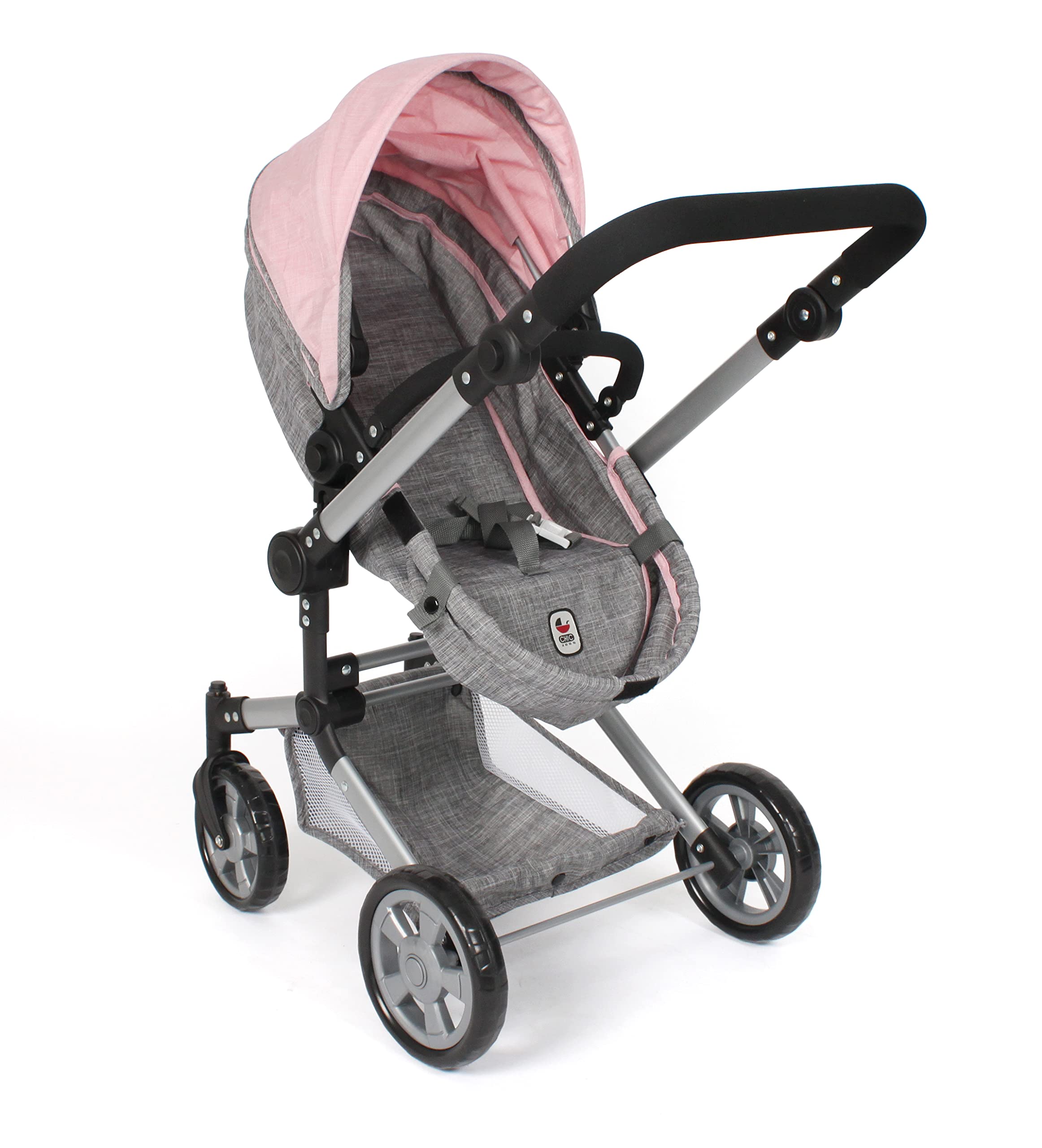 Bayer Chic 2000 Puppenwagen Linus | 2in1 Kombi-Buggy Melange Grau-Rosa | Großer 2in1 Kombi-Puppenwagen mit umwandelbarer Wanne für Puppen bis 52 cm. Melange Grau-Rosa, hoher Griff 47-78 cm.