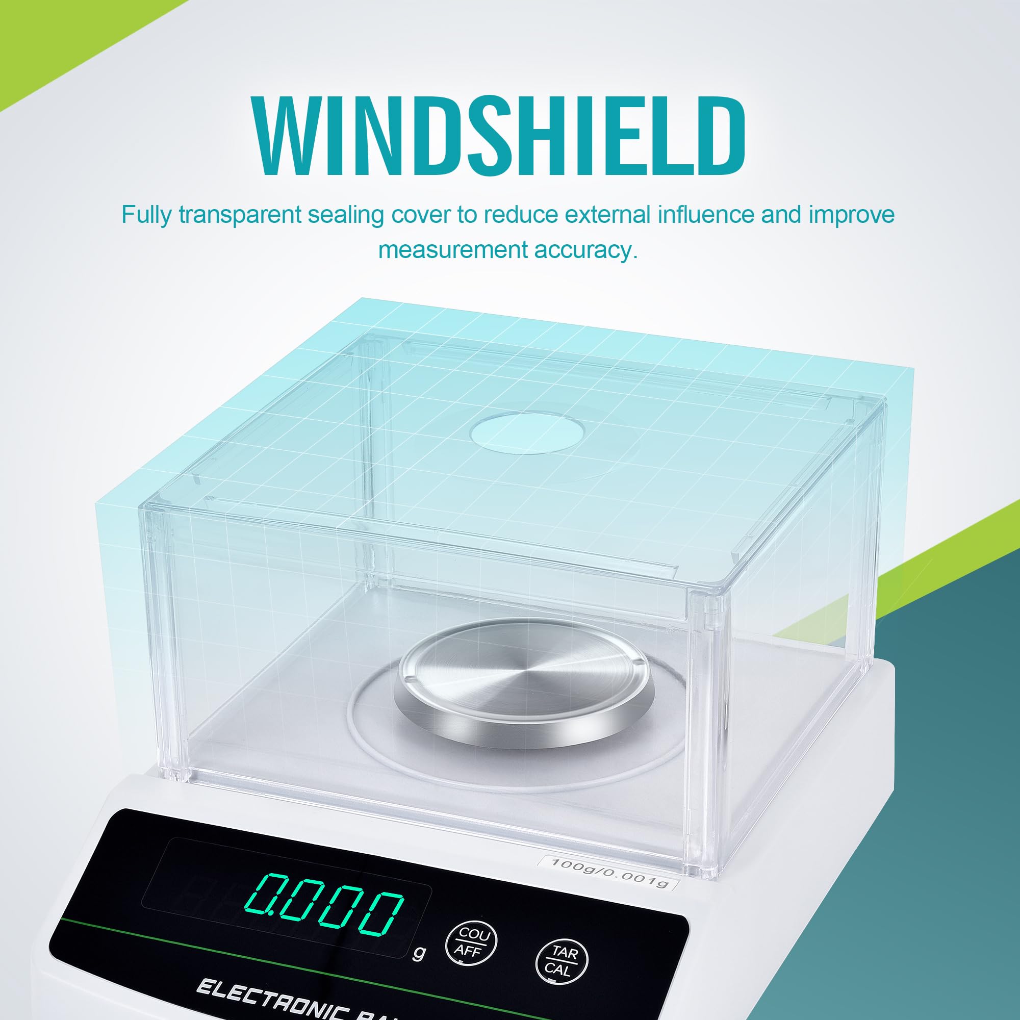LICHEN Balanza analítica de laboratorio de 100 g x 0,01 g, báscula de laboratorio de alta precisión, parabrisas y pantalla LED, función de tara/conteo para joyería, farmacia, experimentos de ciencia