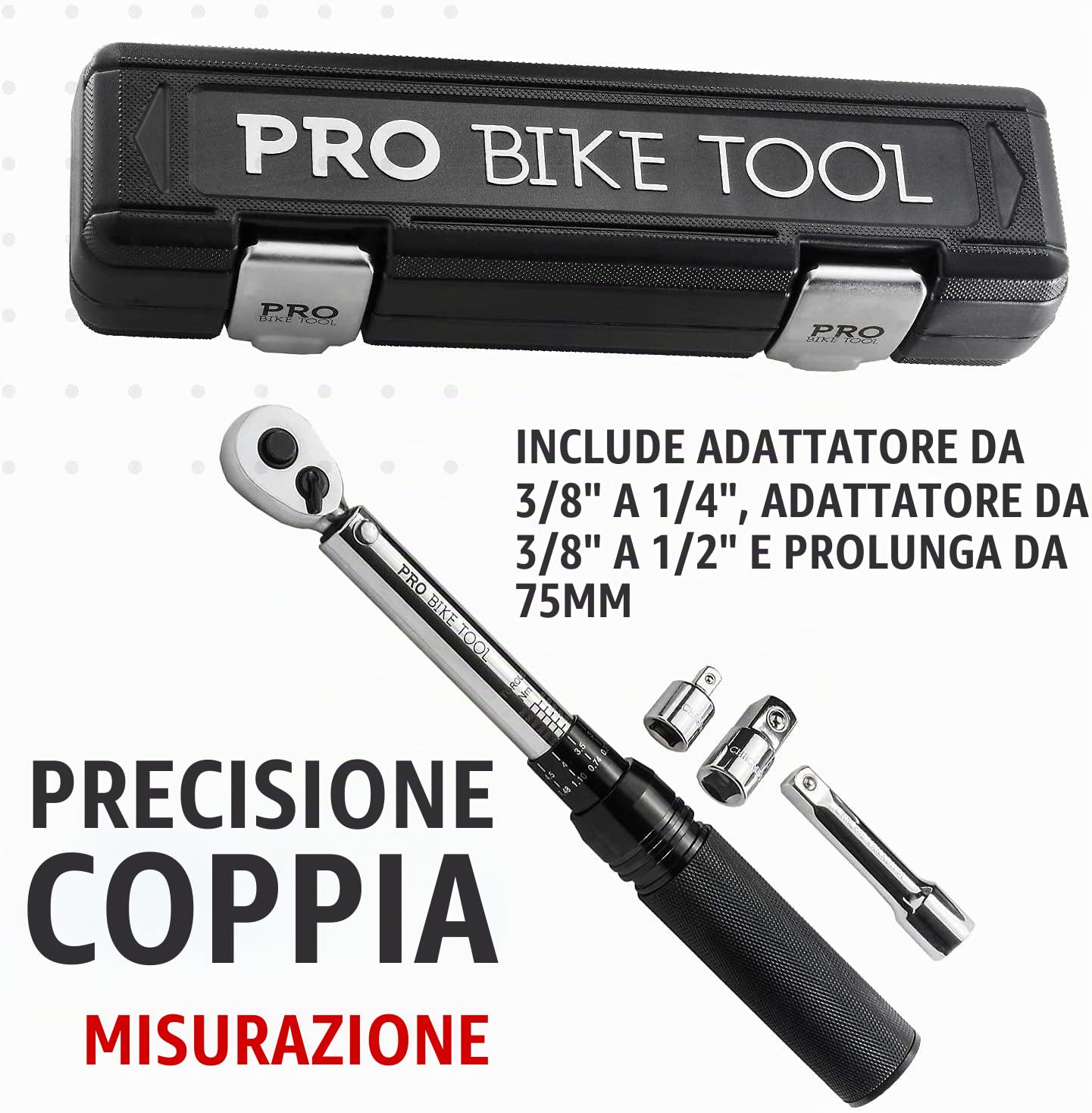 PRO BIKE TOOL Set di chiavi dinamometriche a clic da 3/8" da 10 a 60 Nm - Kit di manutenzione per bici da strada e mountain bike - Include adattatori da 1/2" e 1/4"