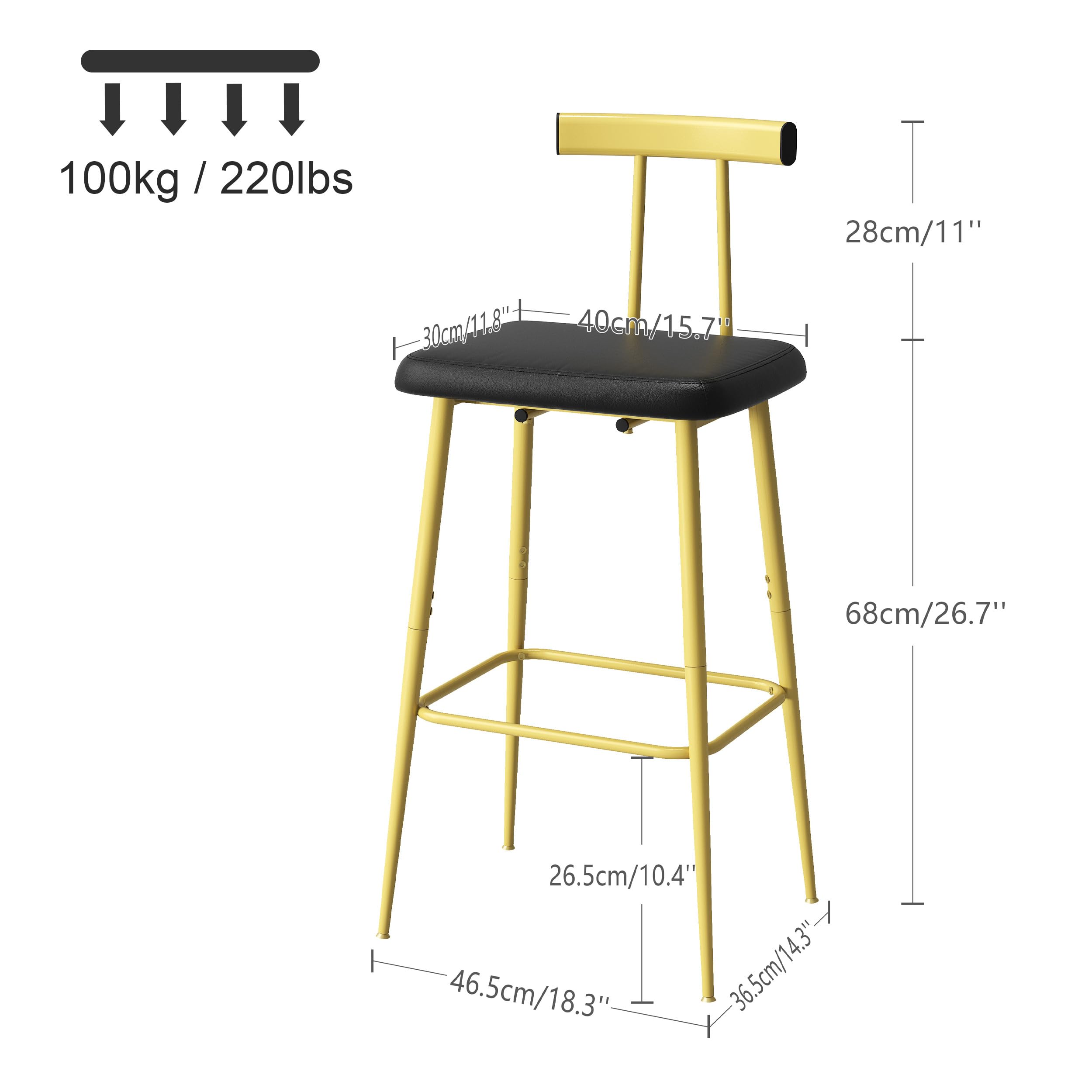 Taburetes Bar Juego de 2 Taburetes Altos Cocina Modernos con Respaldo y Reposapiés Base de Metal con Asiento Acolchado de PU para Isla Mostrador Restaurante y Bistro Dorada KBS515GC