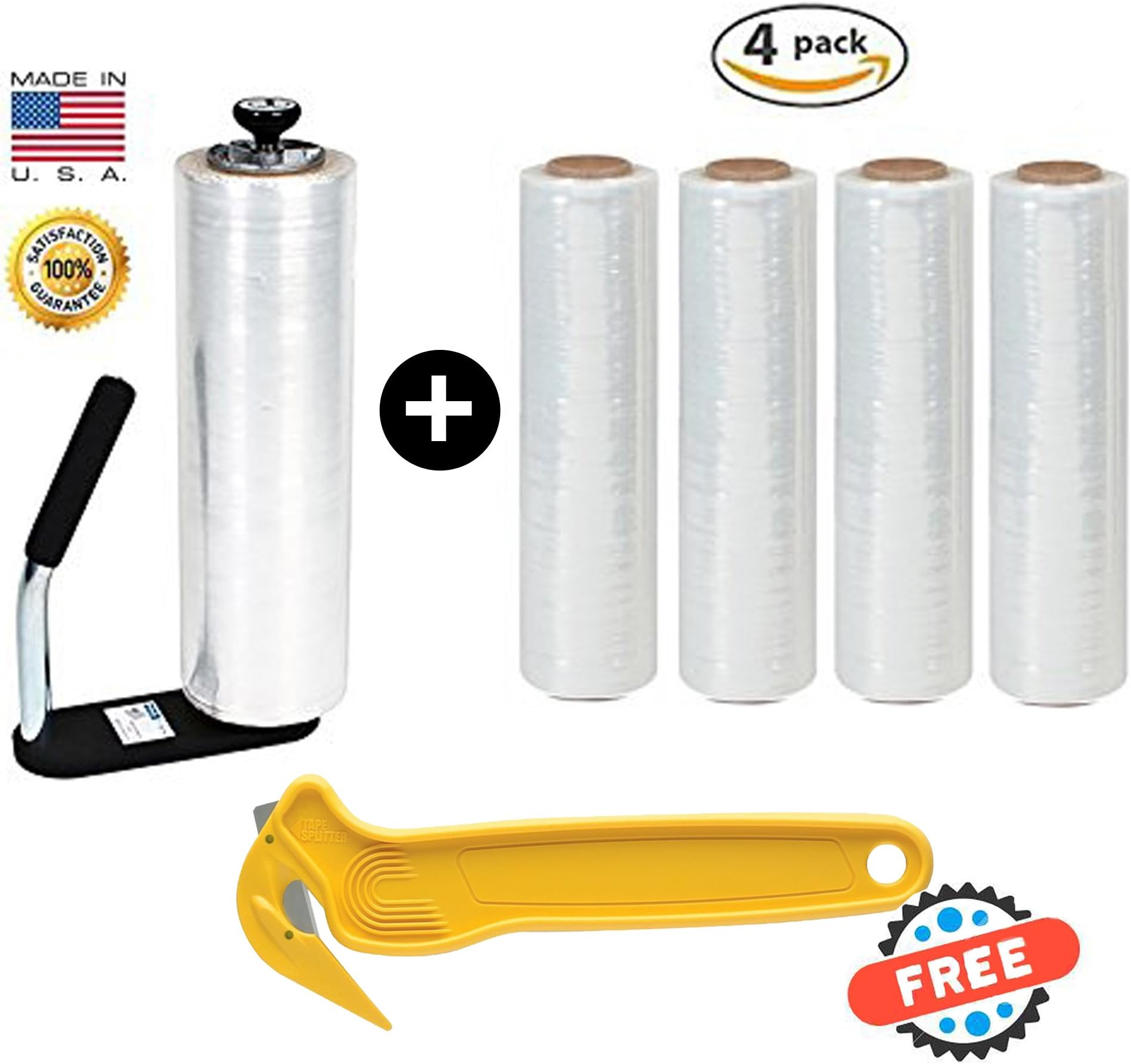 Clear Plastic Shrink Film, Industrial Strength Moving & Packing Wrap, 4 Pack 18" x 1500 Ft Rolls with Best Selling Stretch Film Dispenser with Tension Knob Adjustment for Furniture, Boxes & Pallets