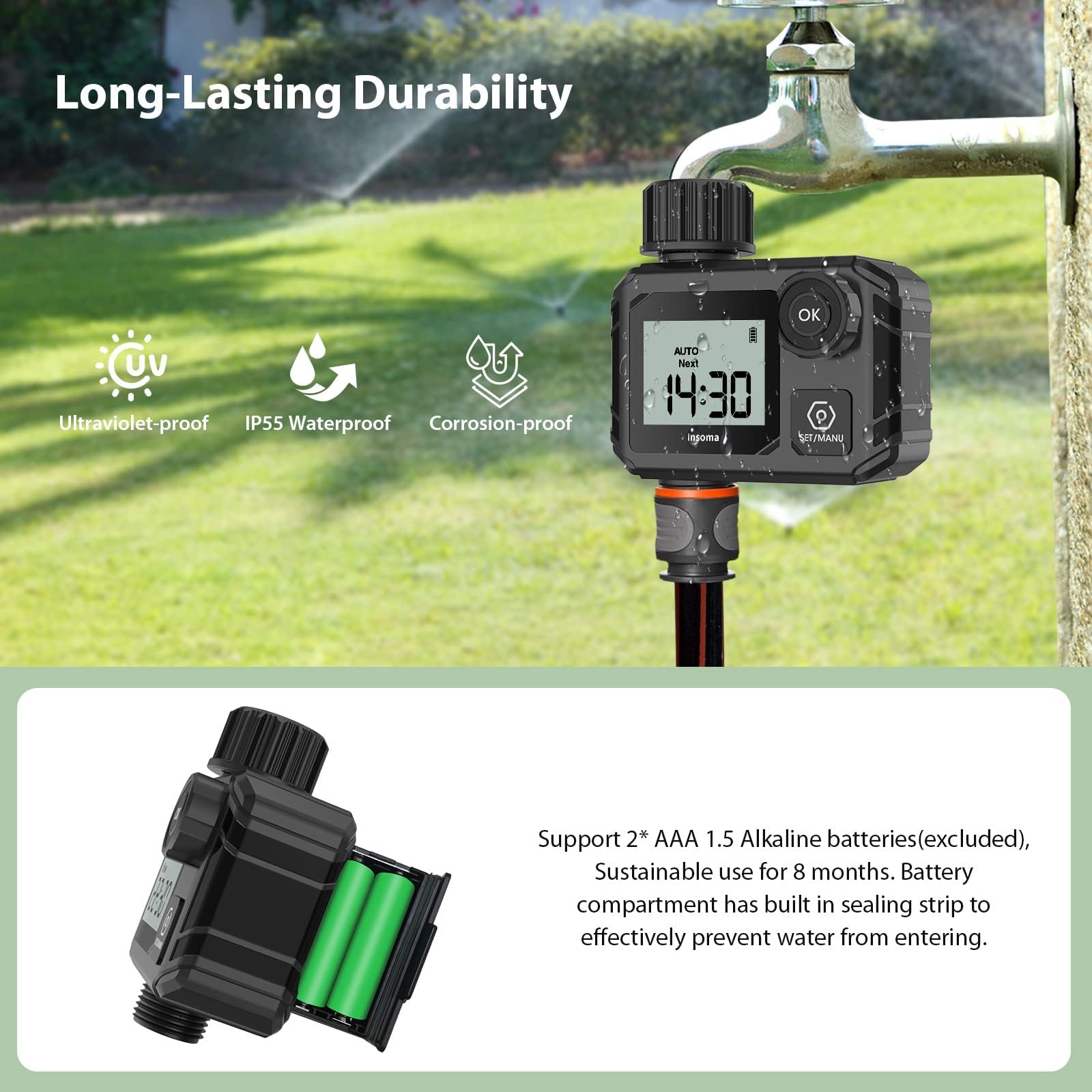 Timer per Tubo dell'Acqua da Esterno - Timer di irrigazione programmabile con irrigazione Manuale Ritardo Pioggia Ip55 Impermeabile per Rubinetto Prato Yard