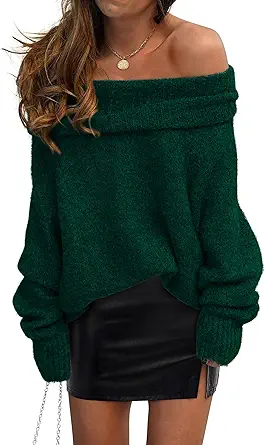 PRETTYGARDEN Women's Off The Shoulder Sweater Long Sleeve Tops 2025 Fall Loose Knit Pullover Sweaters Winter Clothes