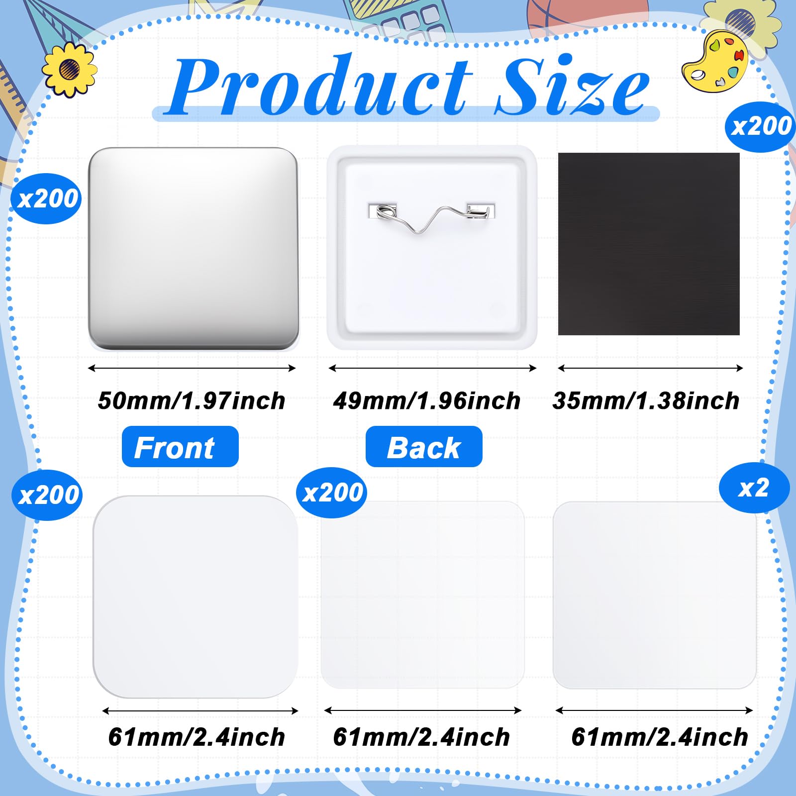 Teenyyou 100 Sets, 50 mm, quadratische Knopfteile, DIY-Kühlschrankmagnete, Bastelset mit Magnet, Metallabdeckung, Kunststoff-Rückseite, Nadeln, transparenter Folie, blanko Papier