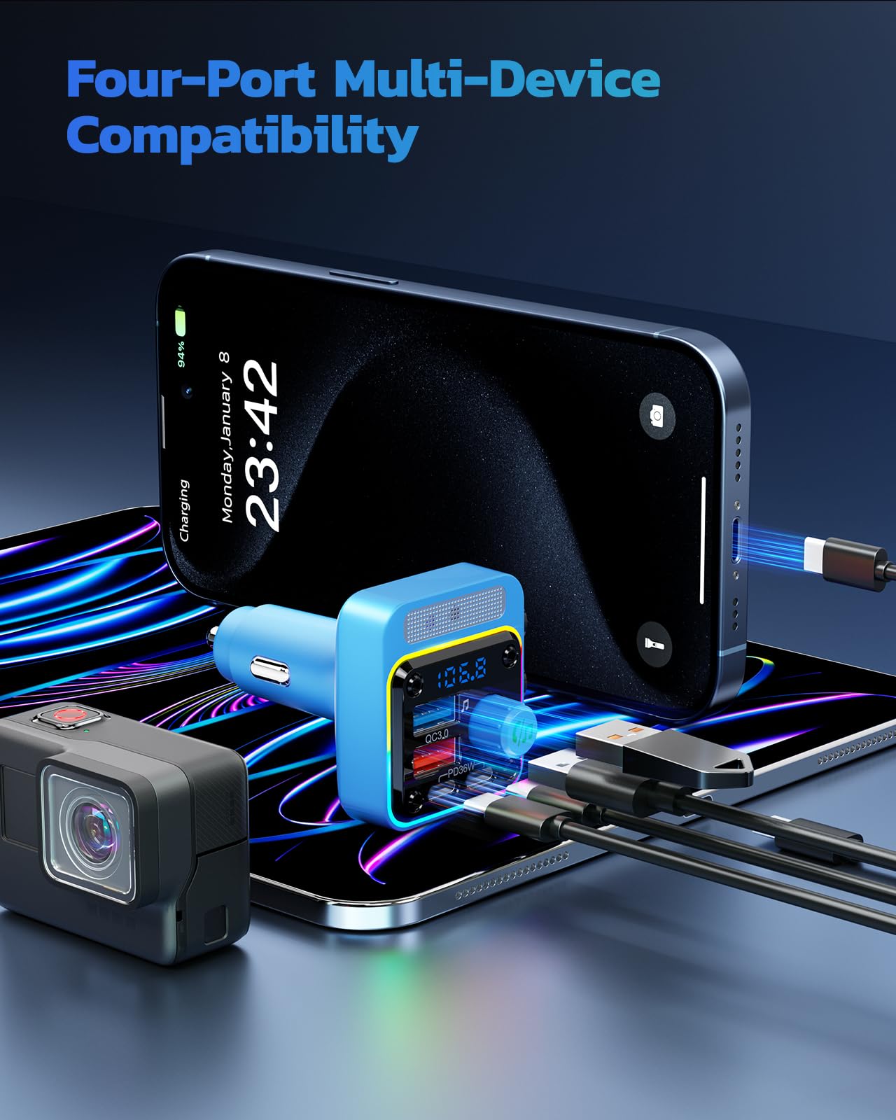 NULAXY 54W Adaptateur Chargeur Allume-Cigare Bluetooth 5.3 avec 4-Port Charge Rapide[PD 36W & QC3.0 18W], Transmetteur FM avec Basses Profondes, Éclairage 5-Couleur, Appels Mains-Libres, Bleu Clair