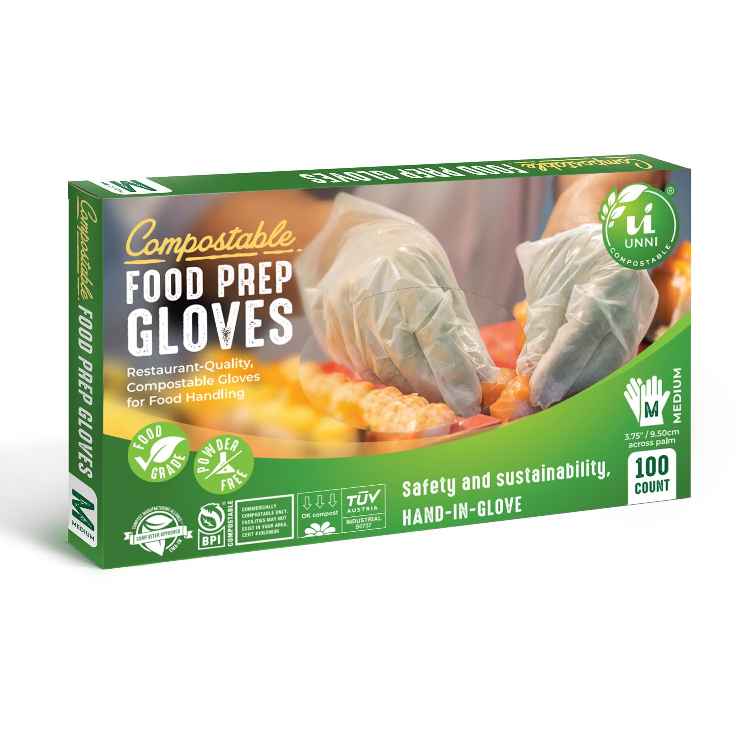 UNNI Compostable Food Prep Gloves, For Food Handling, ASTM D6400, US BPI, CMA & Europe OK Compost Certified