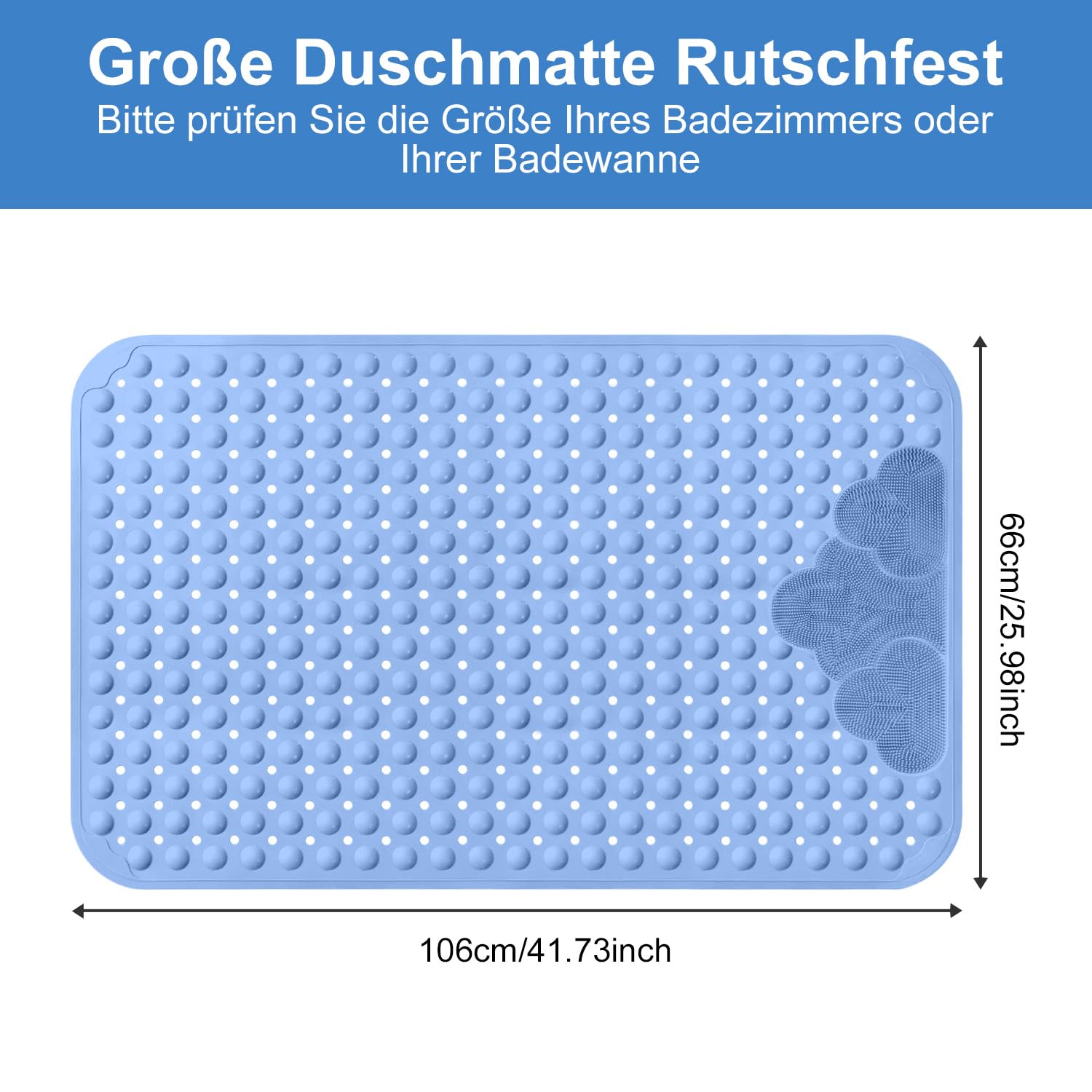 Tapis de douche antidérapant 106 x 66 cm – Extra long – Tapis de douche antidérapant confortable avec ventouses – Tapis de douche antidérapant en TPE – Lavable en machine (bleu, 106 x 66 cm)