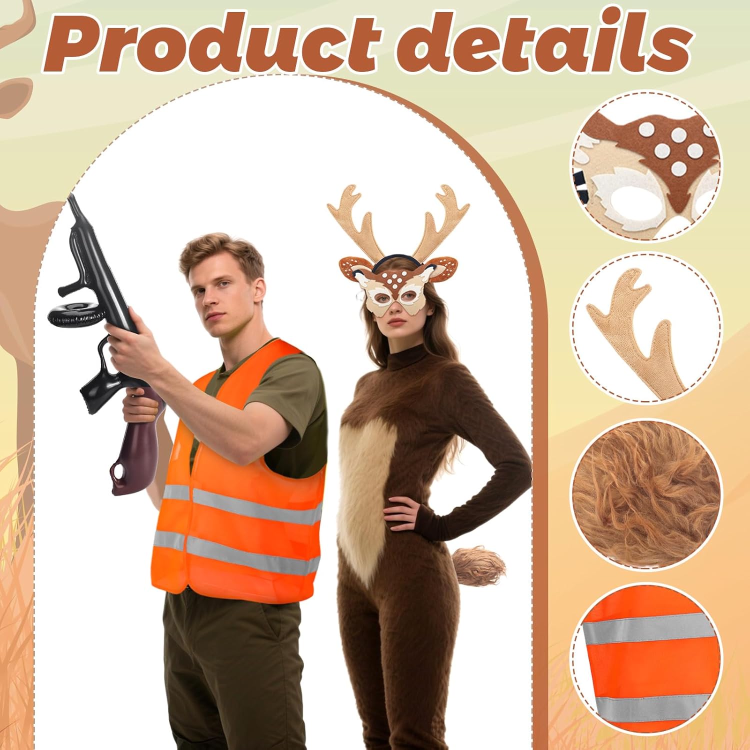 5 Pcs Christmas Couple Costumes Reindeer Adult Costume Set Accessories Include Reindeer Antlers Headband Mask Tail Hunter Clothing for Adult Christmas Cosplay Party Supplies Multicolor - Image 4