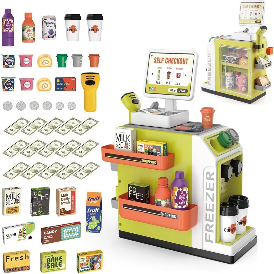 Buyline 46-Piece Pretend Play Cash Register Toy Set | Grocery Store Playset with Scanner, Calculator, Credit Cards & Coffee Machine | Fun Role-Playing Toy for Kids | BL_03