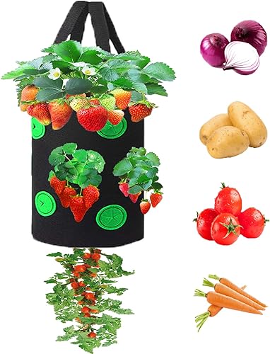 Miewslan Bolsas de cultivo colgantes de 5 galones, maceta al revés, maceta de fresa, tomate, patata, bolsa de cultivo de verduras con agujeros