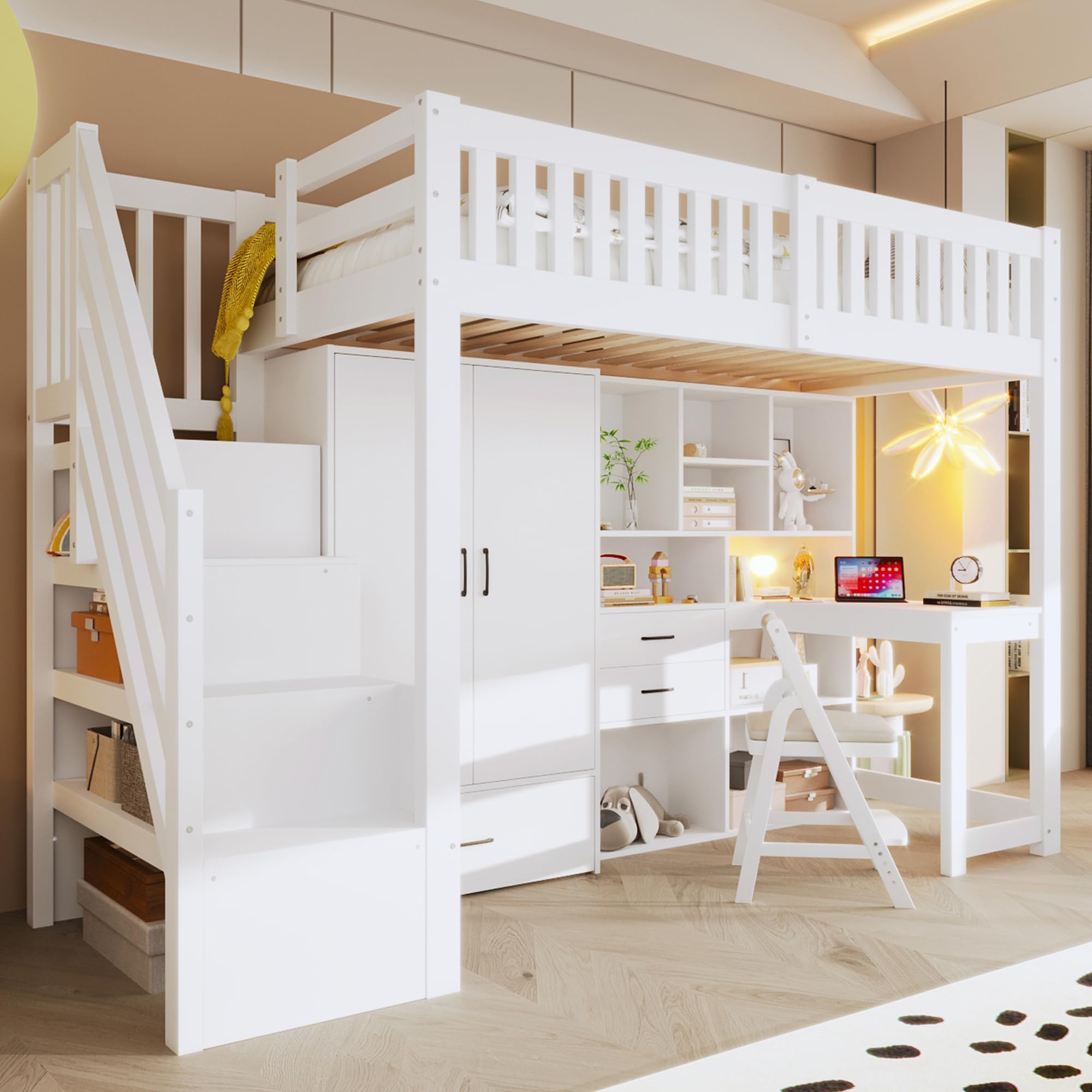 Cama alta de 90 x 200 cm, de madera, con escalera, armario, escritorio, cama juvenil con cajones, compartimentos de almacenamiento, sin colchón
