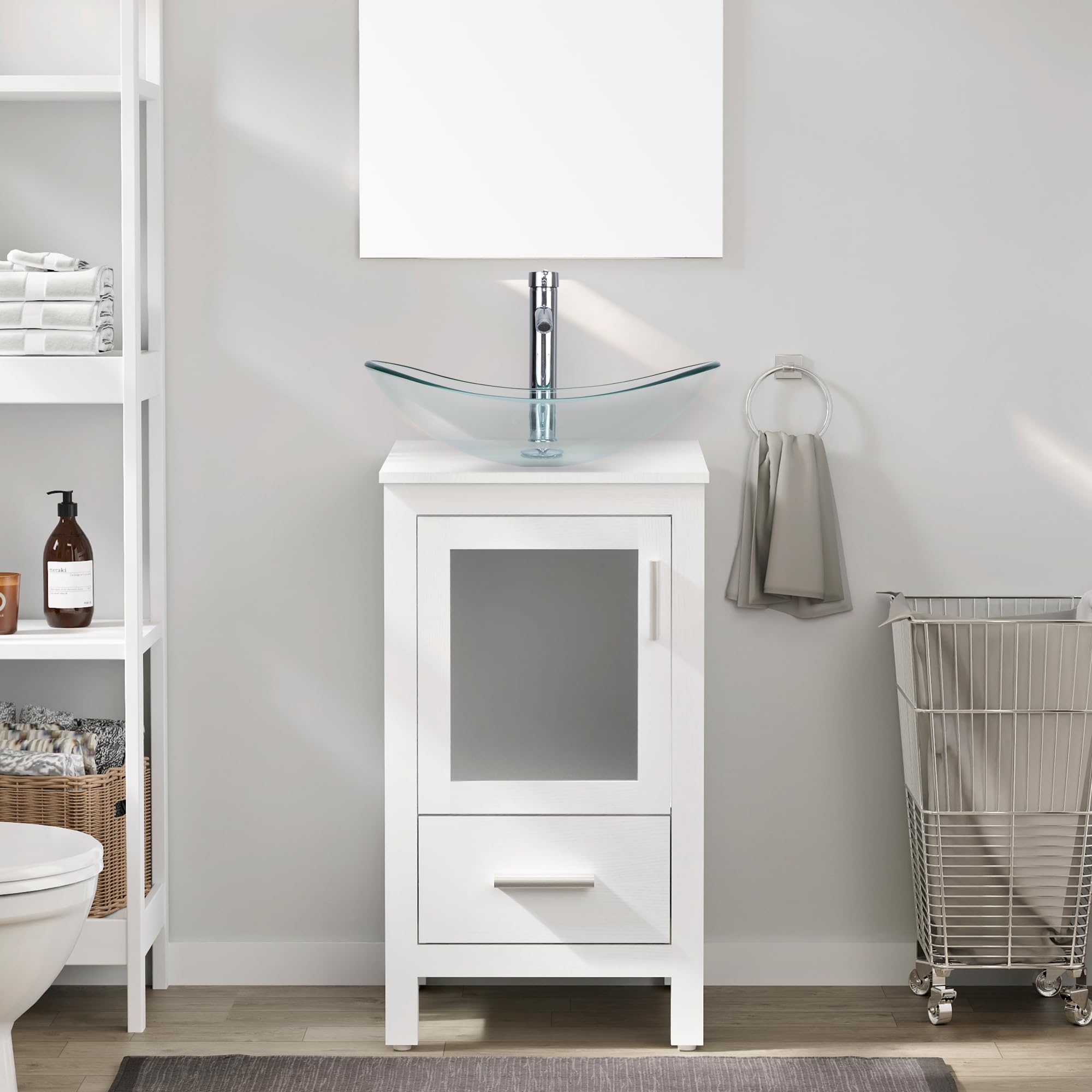 eclife 18" Small Bathroom Vanity Sink Combo Modern Freestanding Cabinet W/Matte Glass Door & Drawer Clear Boat Tempered Glass Vessel Sink & Water Save