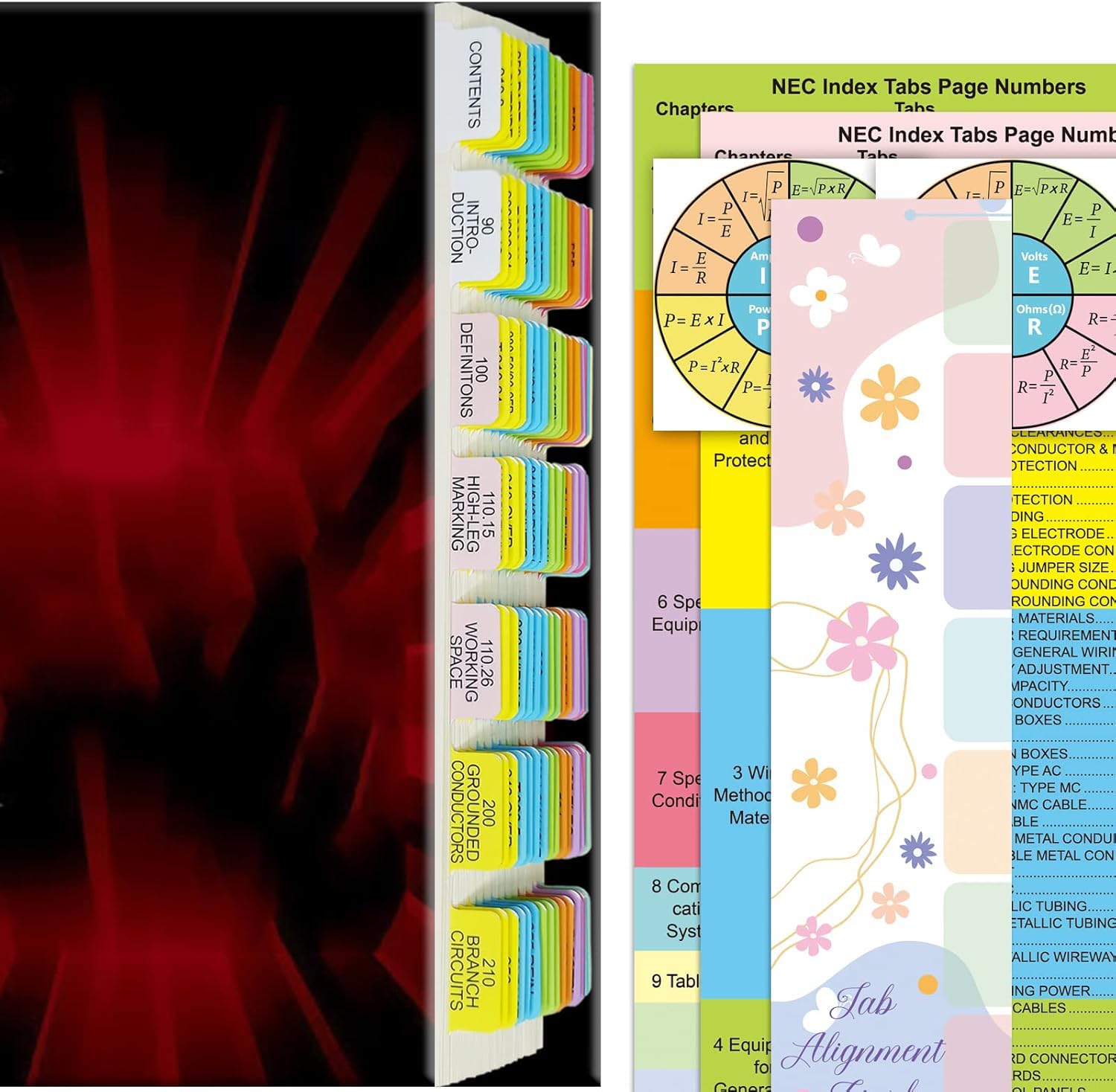 Index Tabs for NEC, 120 Pcs for 2020 National Electrical Code(Book not Included), Color-Coded and Laminated Tabs with Ohm's Law Stickers and Wire Chart