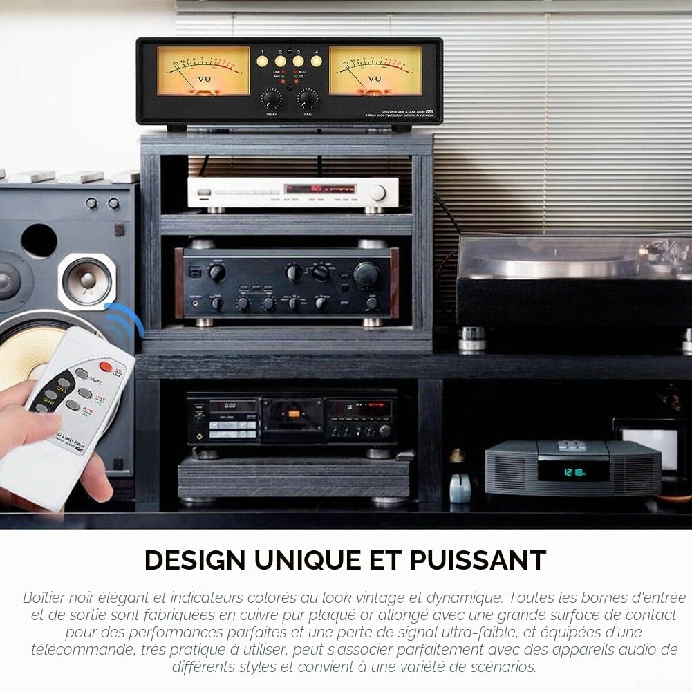 Distributeur audio 4 voies, micro + ligne analogique, double VU mètre, indicateur de niveau sonore, répartiteur audio (rétroéclairage bleu)