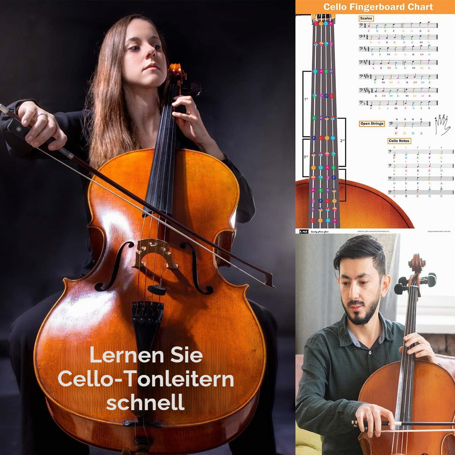 Cello Grifftabelle mit farbcodierten Noten, Cello Waage Techniken geeignet für alle Niveaus