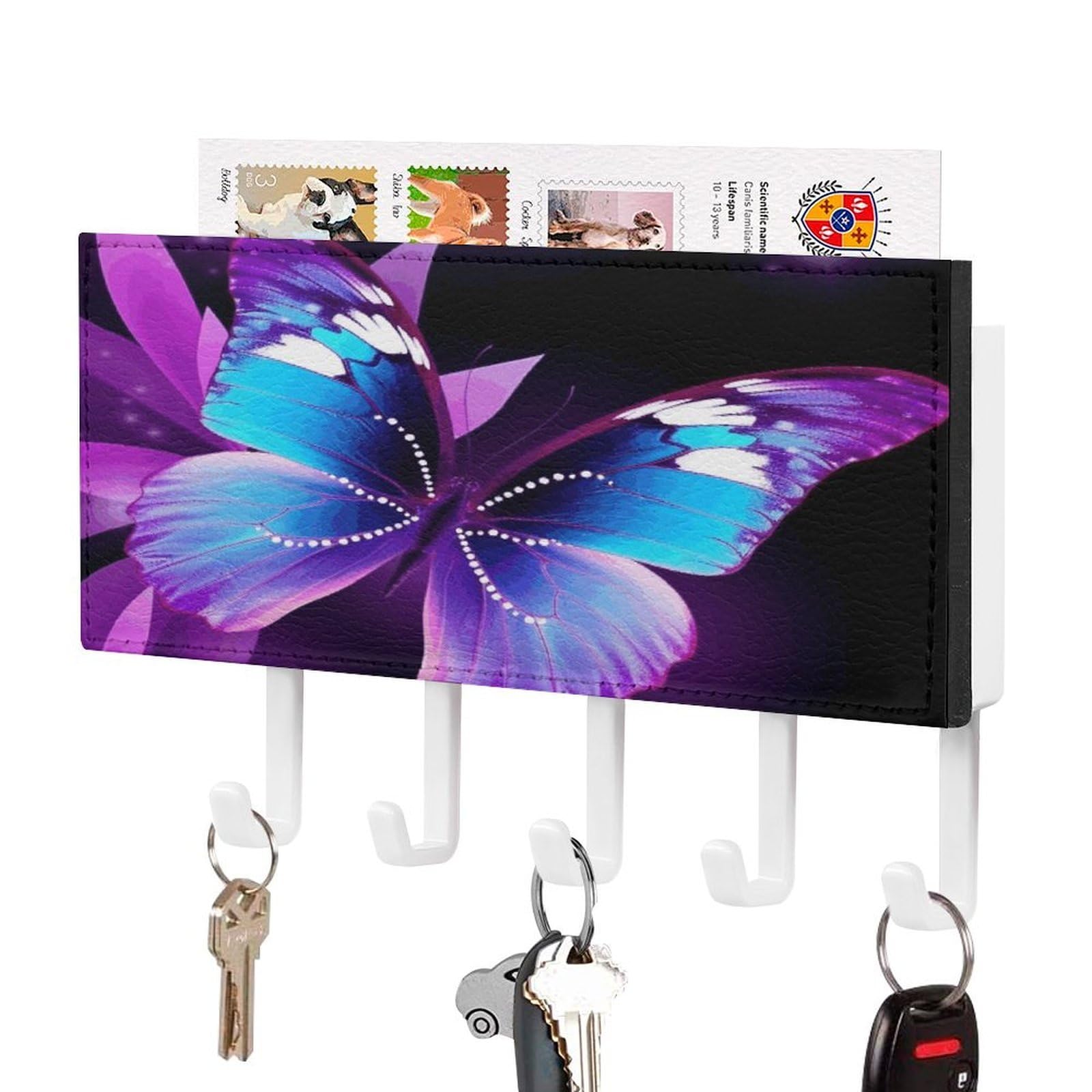 VstaDank Blue Purple Butterfly Key Holder for Wall Key Holder Wall Mount Adhesive with Mail Organizer Tray Adhesive Metal Key Rack with 5 Hooks Hanger PU Leather Key Hanger for Entryway