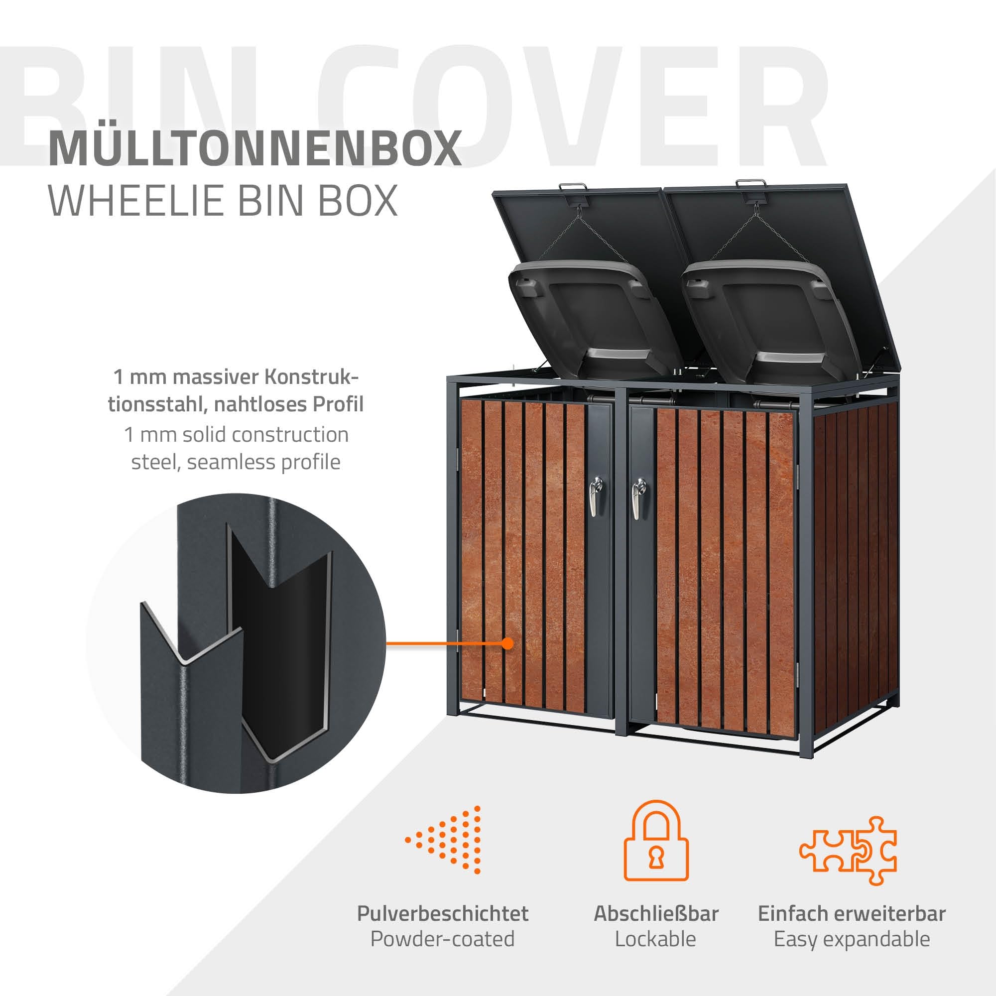 ML-Design 2x Copribidone Doppio per Rifiuti 240L 264x80x116,3 cm Antracite Effetto Ruggine in Acciaio Box per Spazzatura Copribidone 4 Porte per Pattumiera da Esterno Capanno da Giardino
