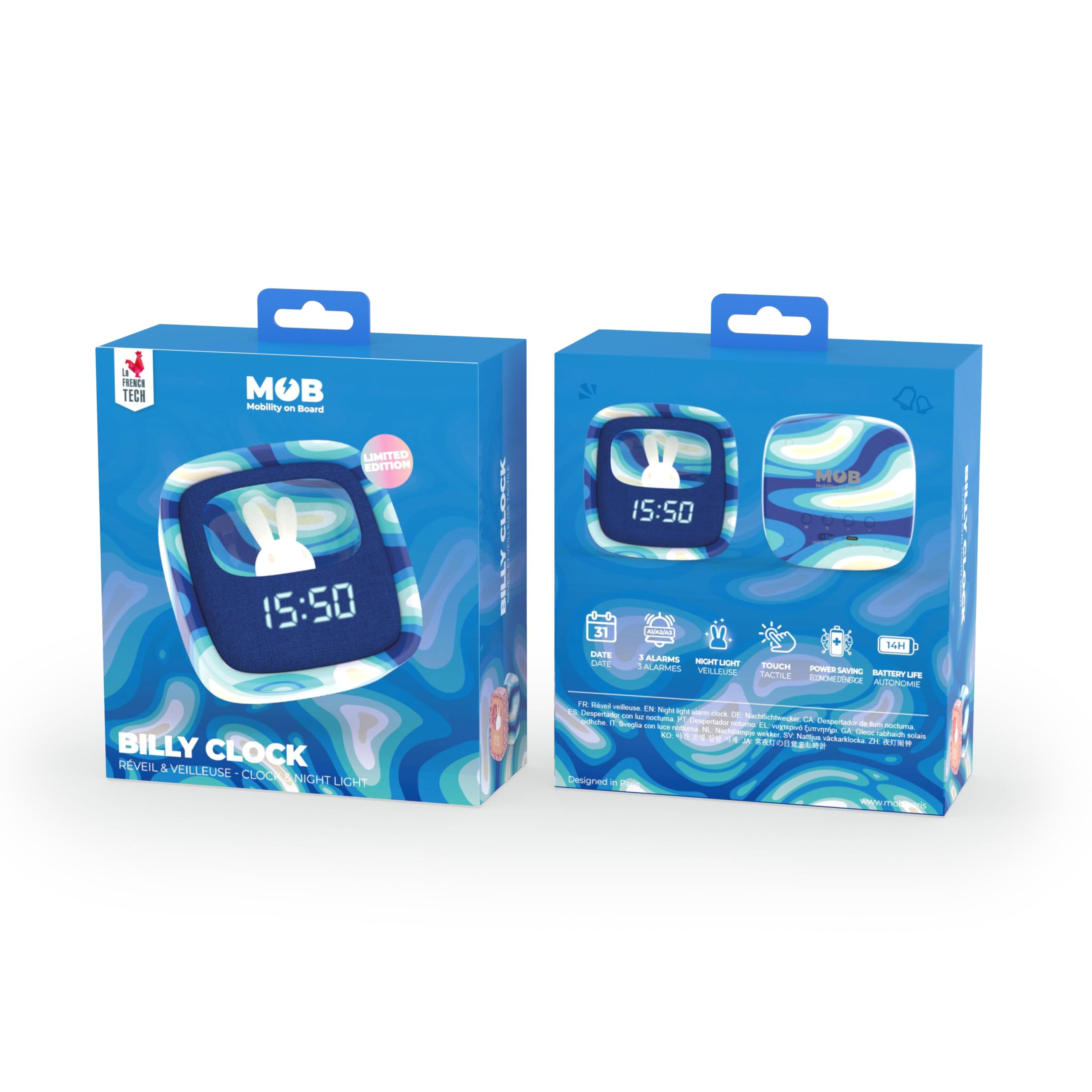 Billy Clock - Sveglia e luce notturna per bambini, telaio in plastica soft-touch, programmazione data, ora e 3 allarmi, blu waves, mob