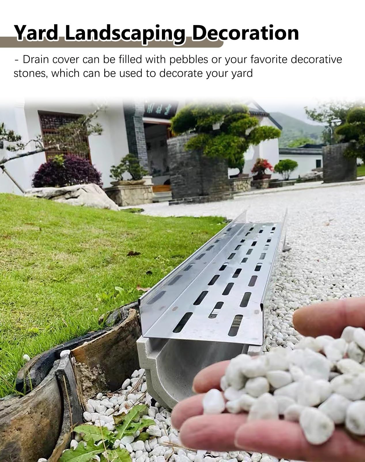 Sistema de Drenaje Exterior con Cubierta para desagüe de Agua de Lluvia para Patio y Jardines. Medidas: 39,4 x 8,3 x 7,9 Pulgadas. Ideal para Recoger guijarros y Piedras. Gestión eficaz del