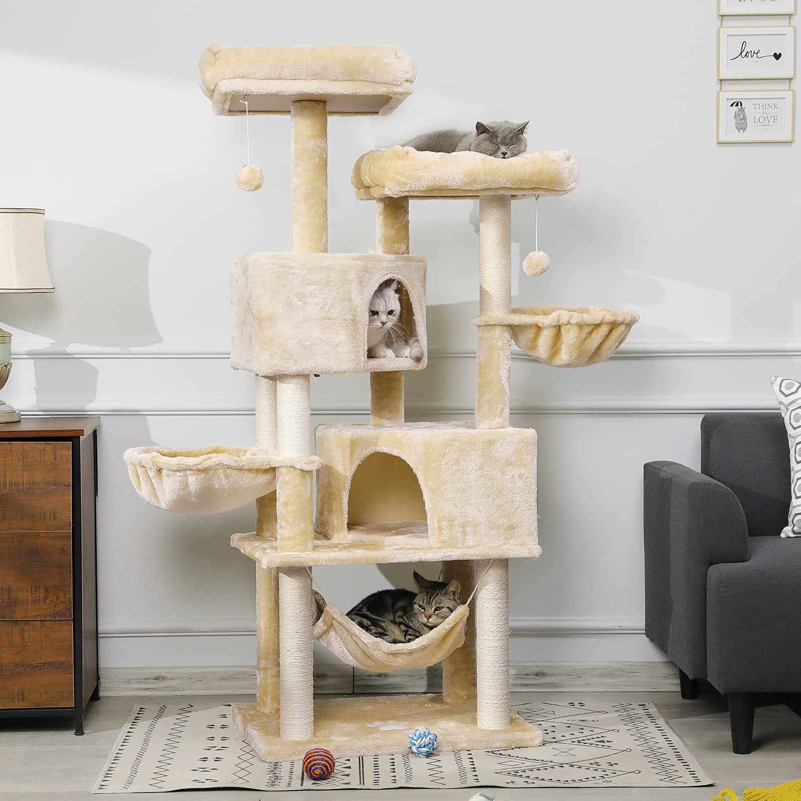 MSmask Rascador grande de 153 cm de alto, para gatos grandes con 2 grandes plataformas, cuevas grandes, troncos de sisal, árbol rascador para gatos de sisal natural, rascador estable, beige