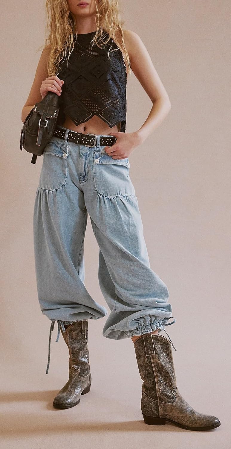 Women Baggy Cargo Jeans Mid Waist Wide Leg Ruffle Drawstring Parachute Denim Pants Vintage Sweatpants Pockets