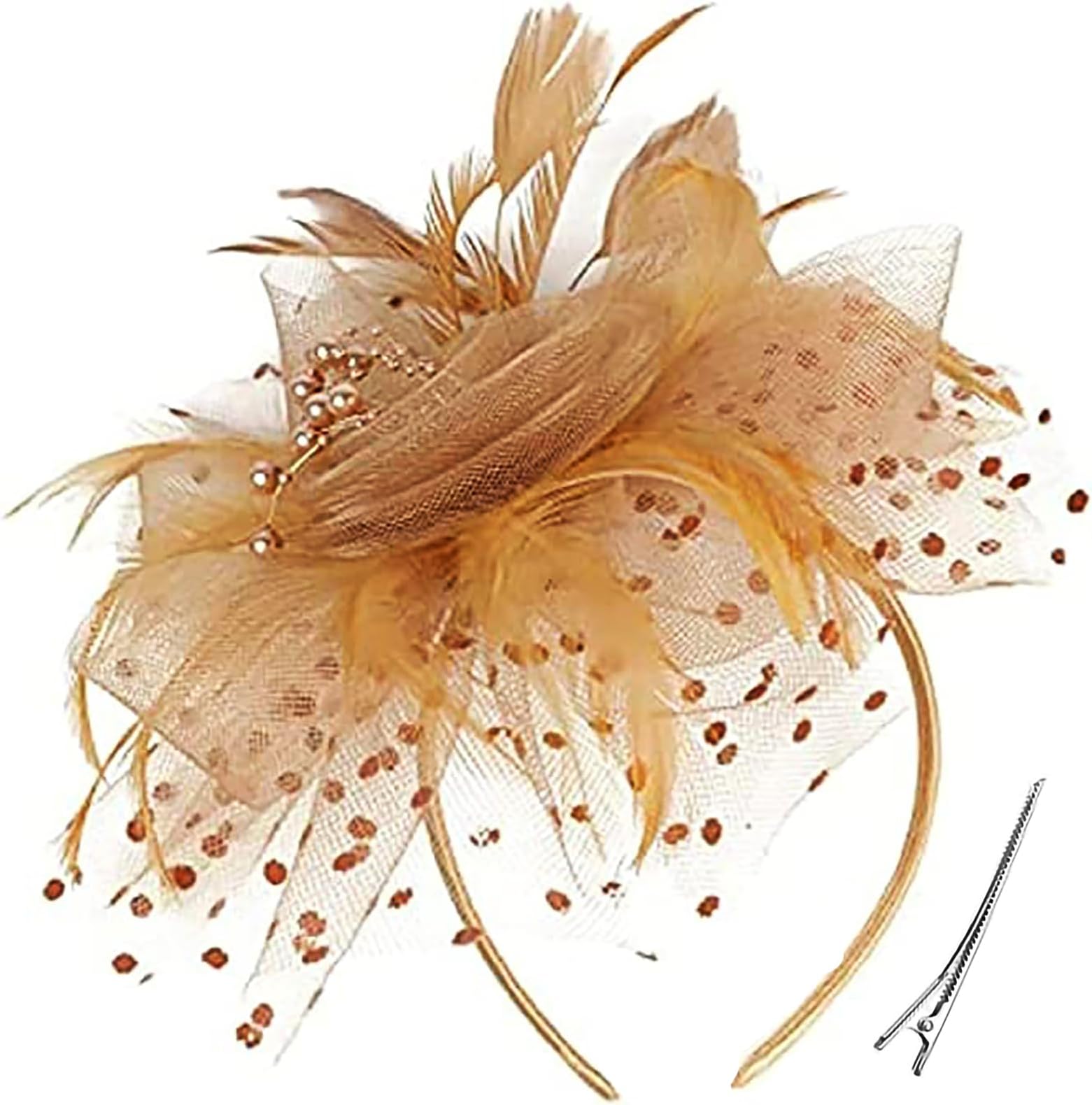 Women's Fascinators Tea Party Wedding Mesh Flower Pearl Feather Fascinator Hat with Headband and Clip