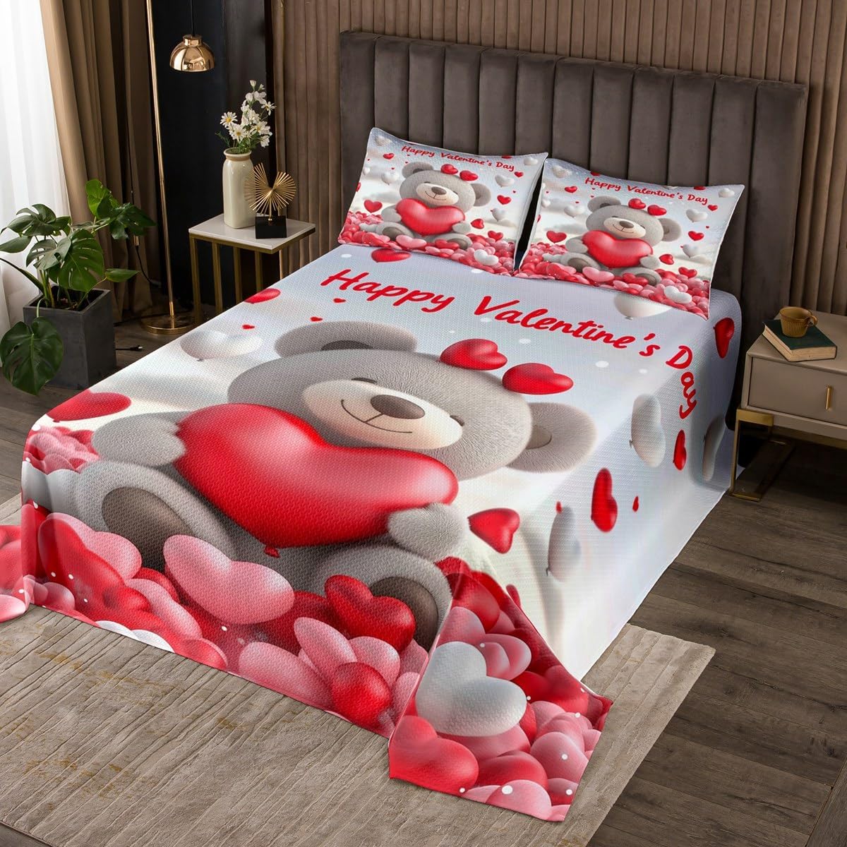 Erosebridal Pink Cartoon Owl Queen Quilt Set for Girls Teen Women,Romantic Valentine's Day Couple Coverlet Set Cute Woodland Wild Animal Bedspread Set Kawaii Cherry Blossom Love Heart Bed Set