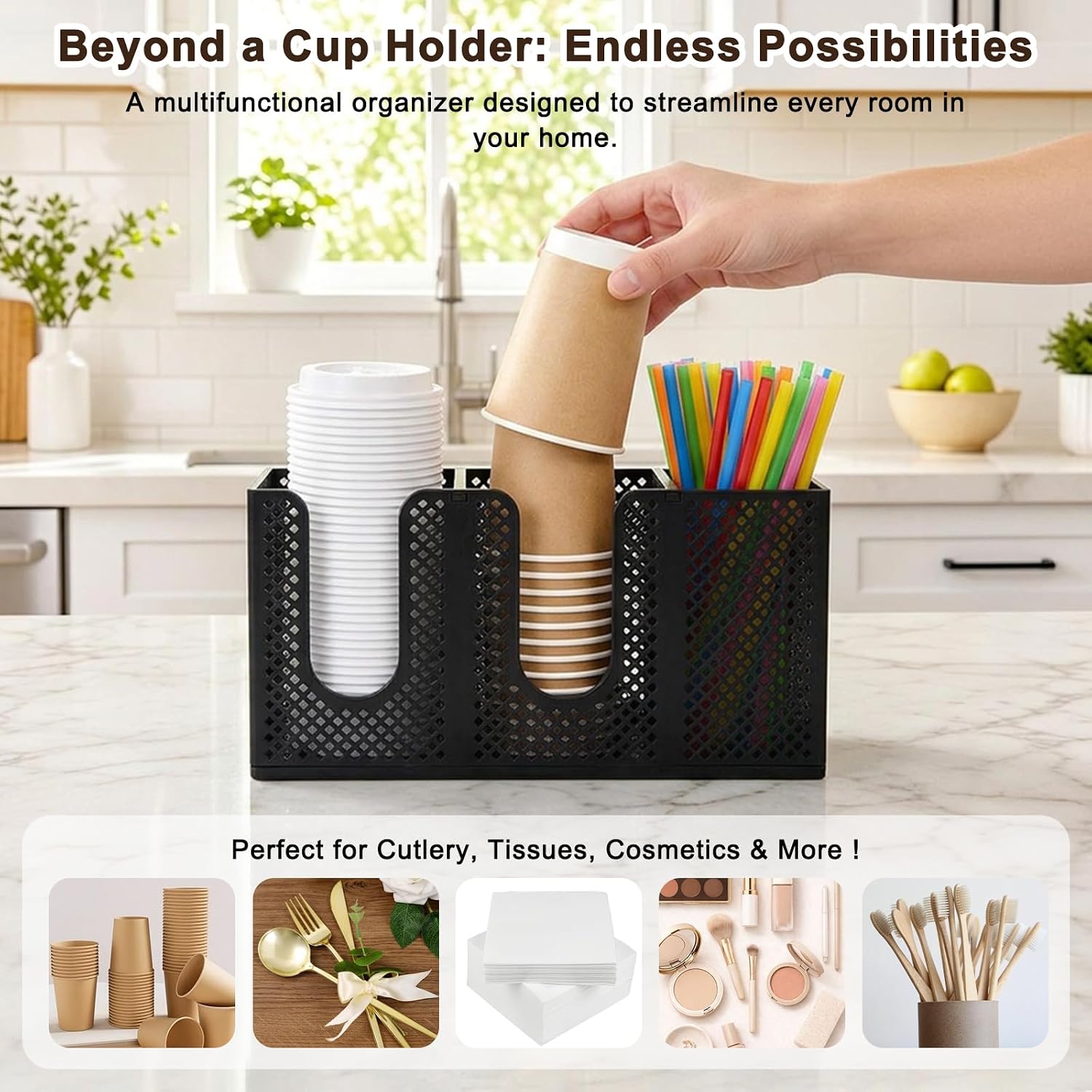 1 Pack Wall-Mount Cup & Lid Organizer, Drill-Free 3-Compartment Dispenser