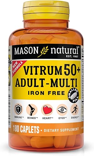 MASON NATURAL Vitrum 50 + Adult-Multi, sin hierro, Vitaminas A C D E K B, Folato, Calcio, Hierro, Zinc, Potasio, Magnesio, 180 Tabletas
