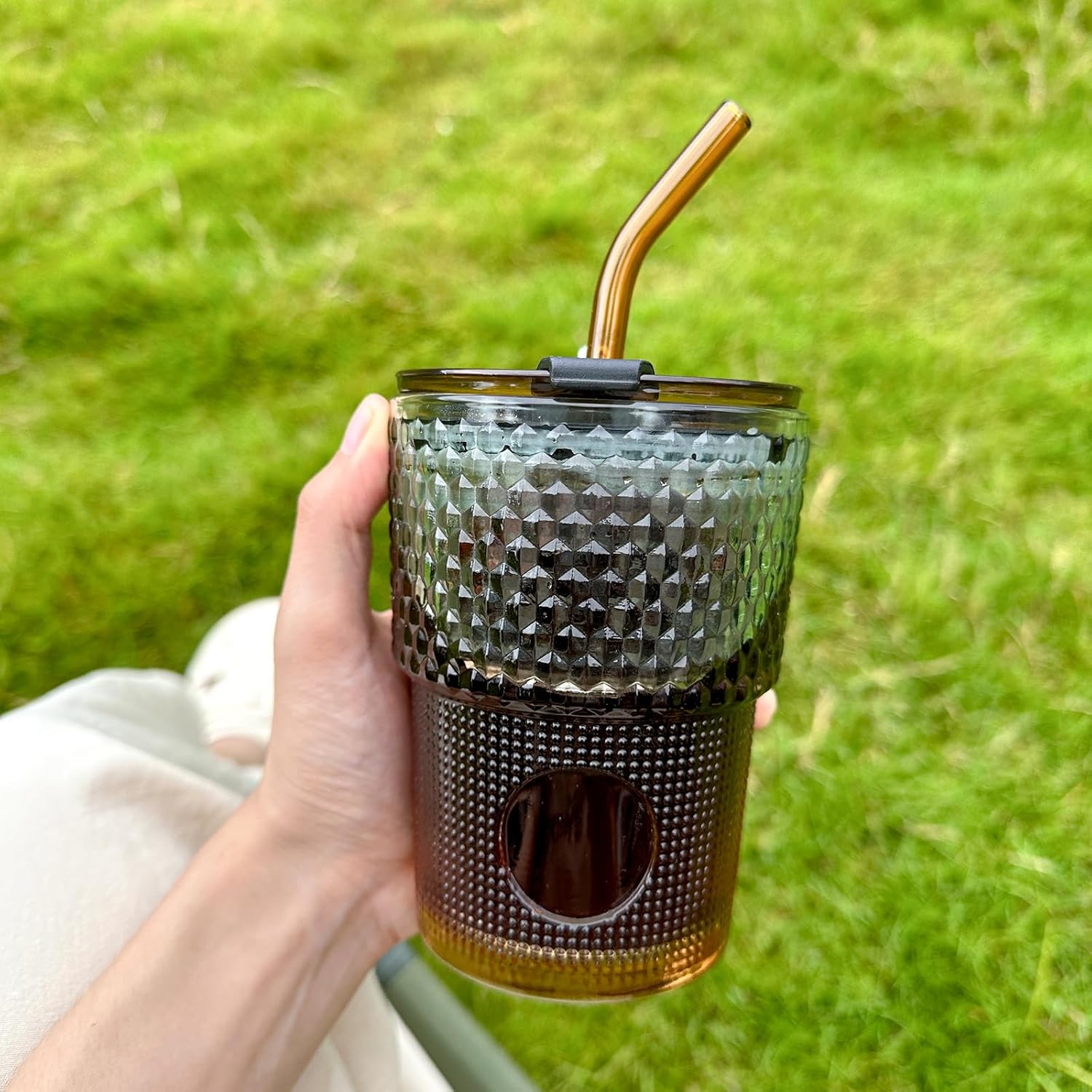 13 oz Tumbler Water Glass, Water Bottle with Straw and Dustproof Lid, Coffee Ice Cup Double Wall Insulated Glass Cup (Amber-Ribbed) - Image 4