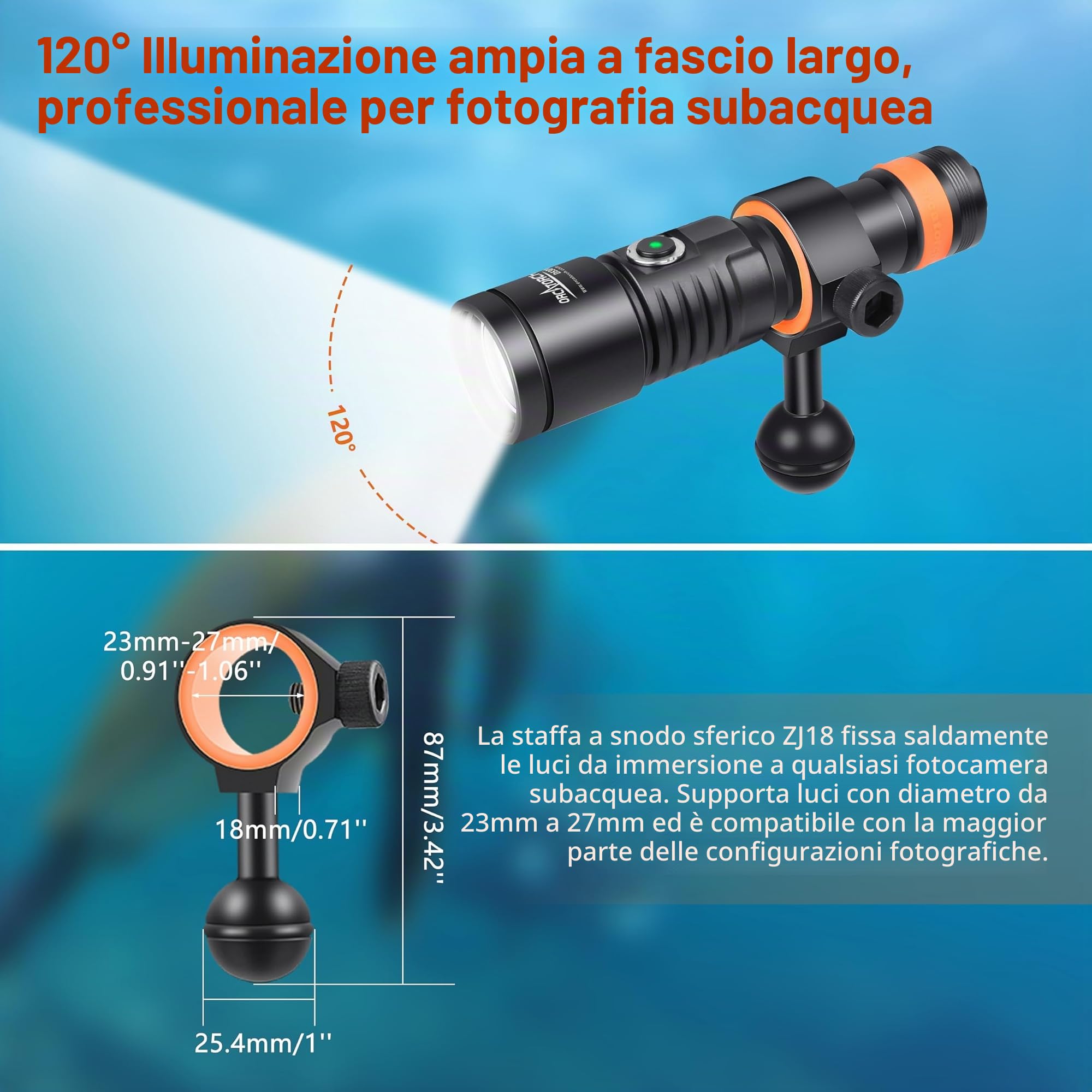 ORCATORCH D530V Torcia Subacquea 6500K, Ampio Angolo 120°, Foto Subacquee | Luce Video,1200 Lumen,Snoot Per Scatti Macro,Giunto Sferico, Fotografia Subacquea, Immersioni Notturne,Foto e Video Subacquei