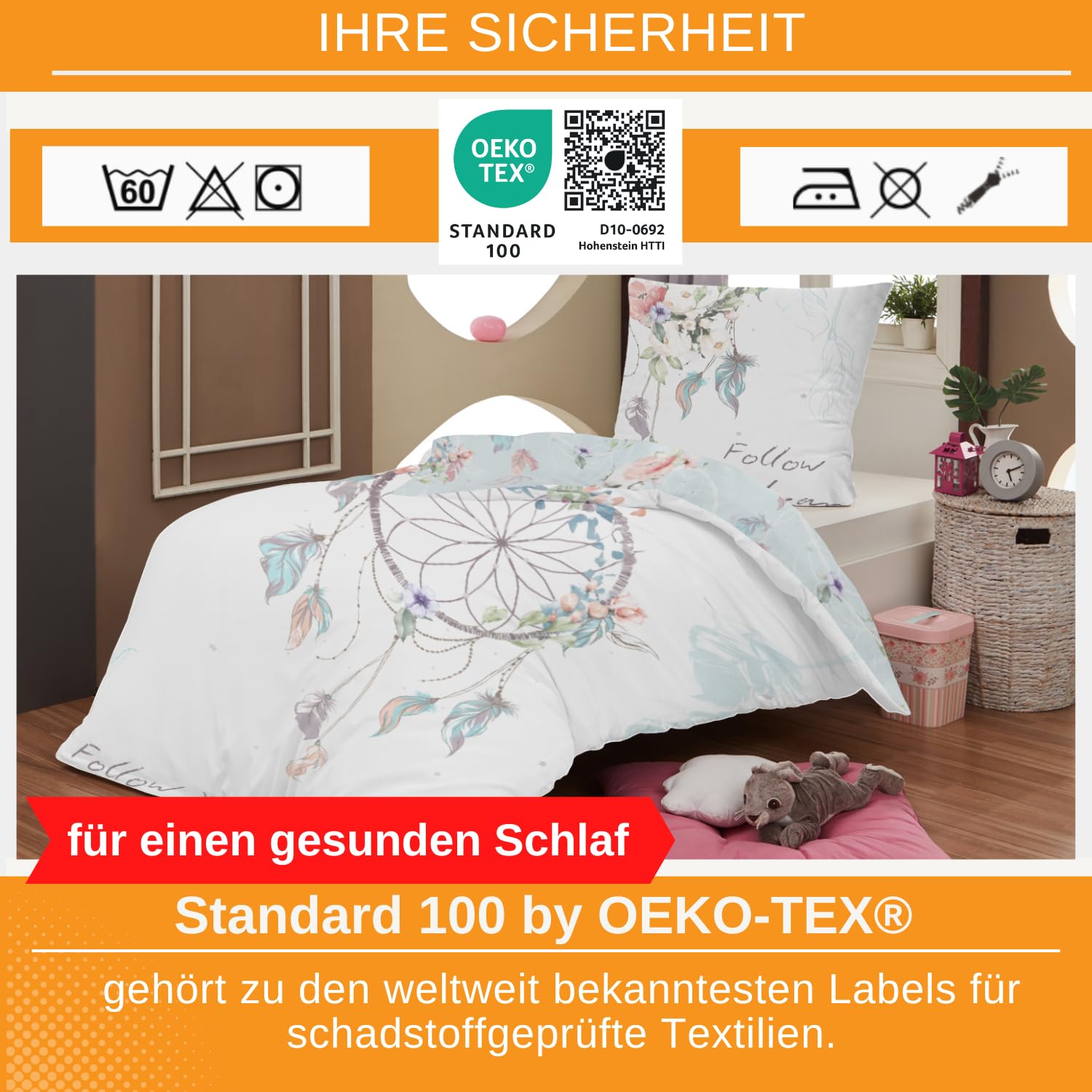 Aminata kids Bettwäsche Traumfänger 135x200 Biber 100% Baumwolle Dreamcatcher | türkis - Mädchen | warme & weiche Kinder-Wende-Bettwäsche