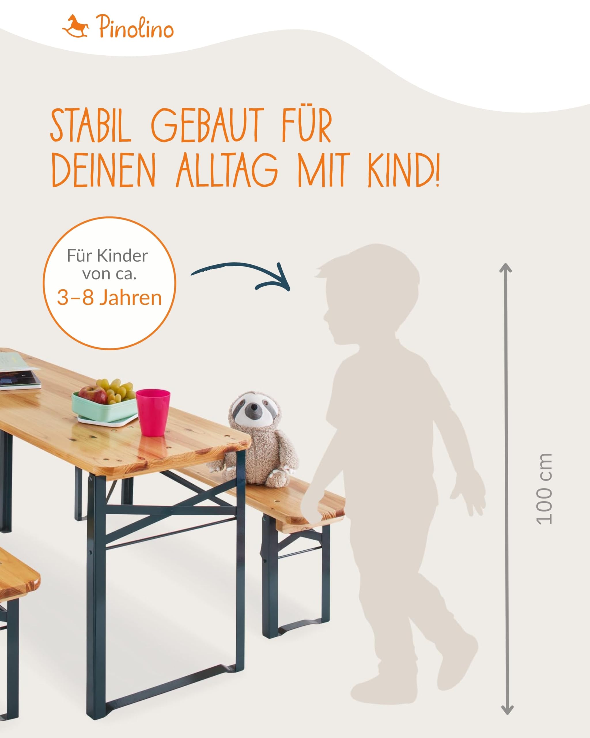 PINOLINO Sepp Kinder Festzeltgarnitur 3-teilig I Klappbare Kindersitzgruppe aus Holz & Metall I Outdoor Tisch mit 2 Bänken für Garten, Geburtstag & Party I Für Kinder ab 3 Jahren