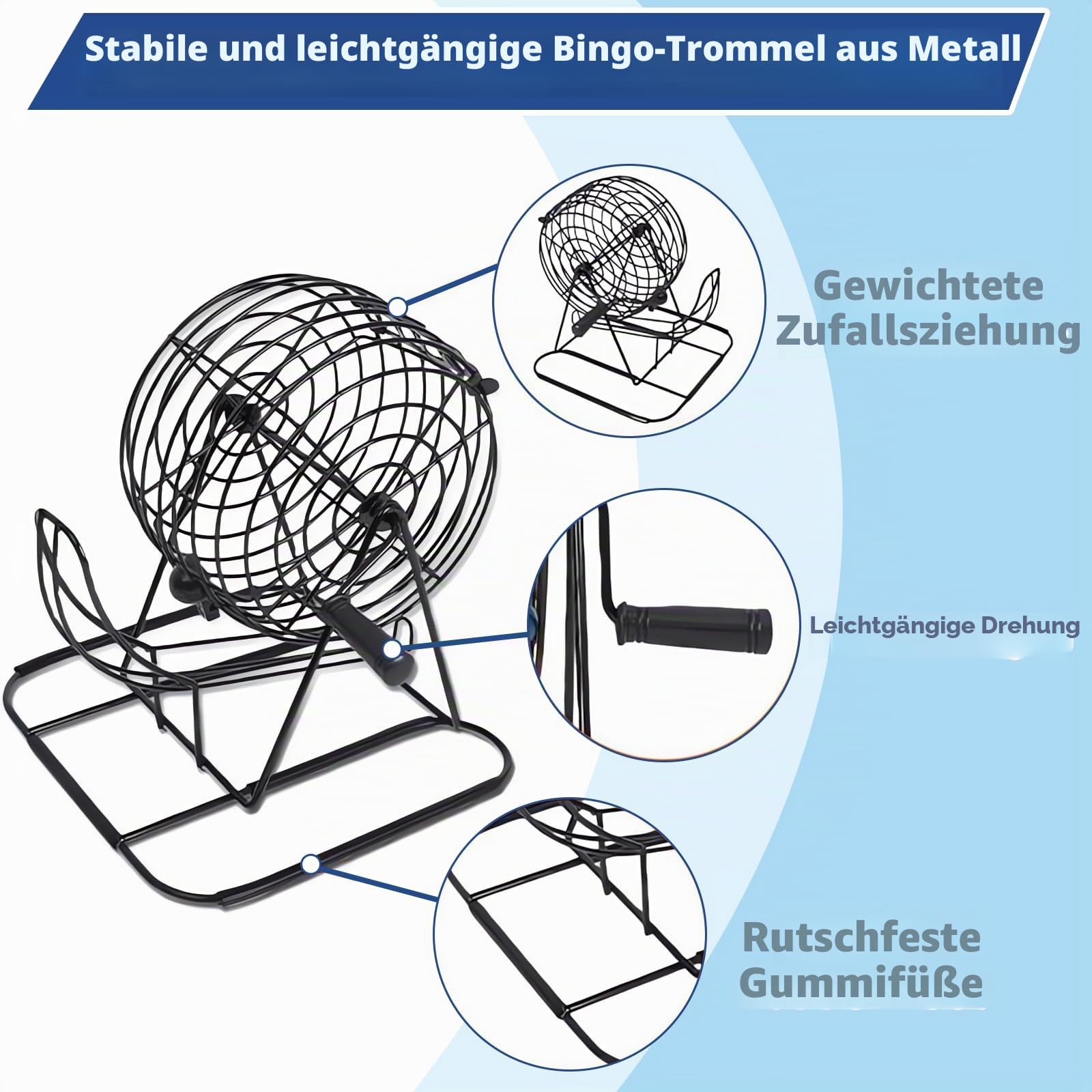 Bingo Spiel Komplettset – mit Metalltrommel, 75 nummerierten Kugeln, 18 Karten & 125 Chips – Familien- und Partyspiel für Erwachsene, Senioren & Kinder (Schwarz)