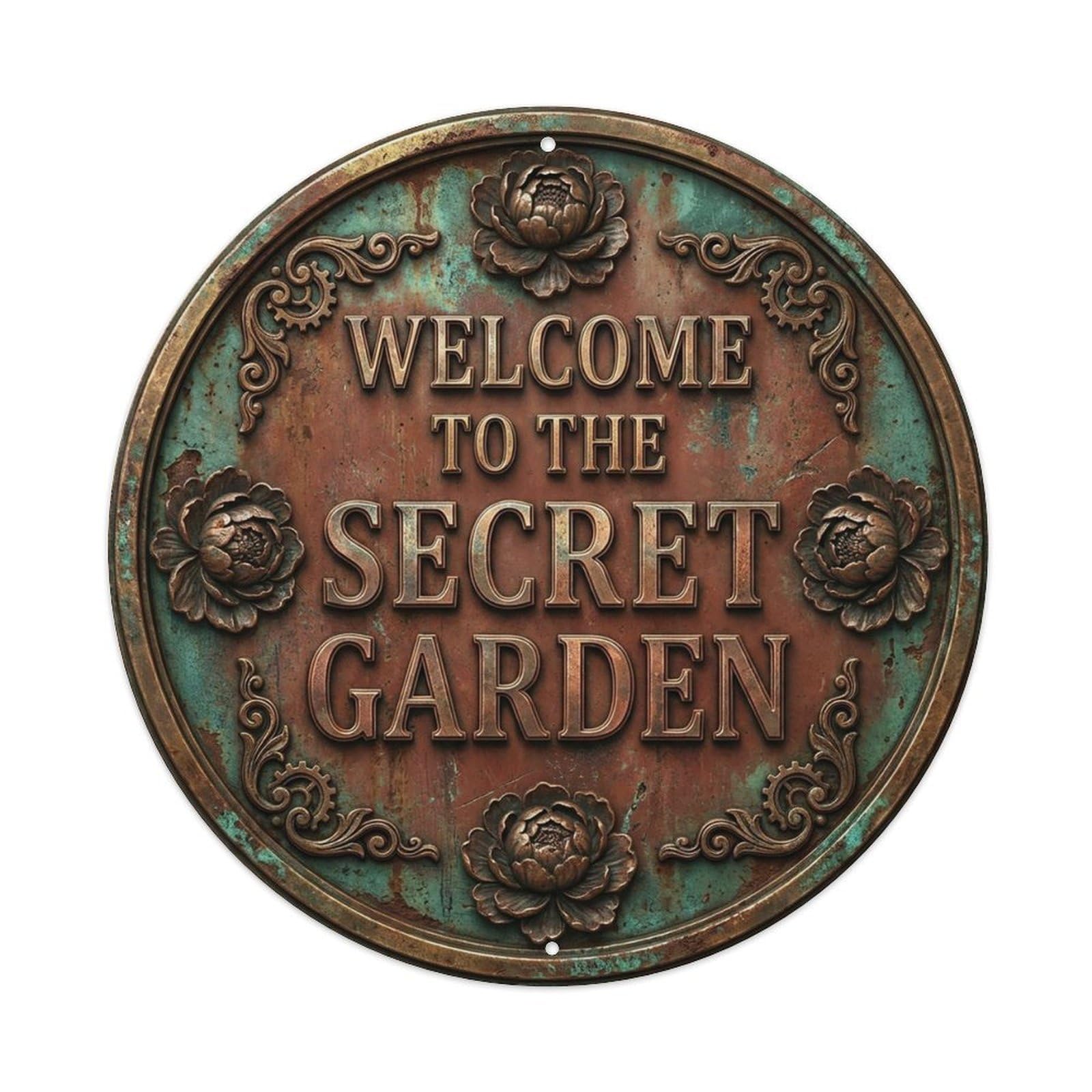 Vintage Welcome Secret Garden Bronze Rust Peony Metal Tin Sign