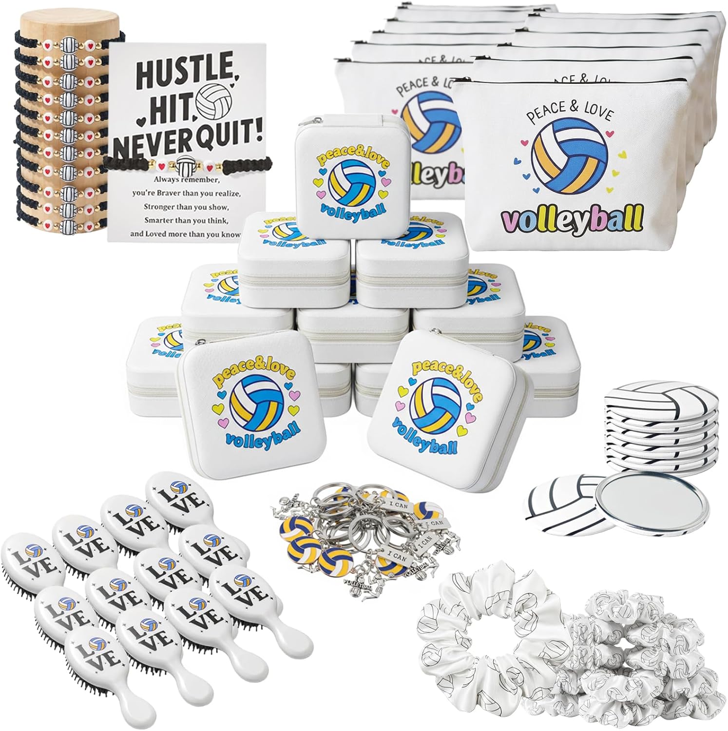 84 Pcs Volleyball Party Favors for Team Volleyball Gift for Women Players with 12 Set Travel Jewelry Case Cosmetic Bag Keychain Hair Scrunchies Brush Mirror Bracelets
