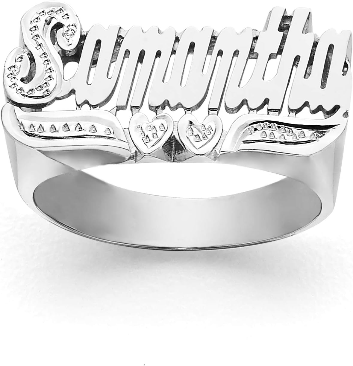 Lee113dZ Personalized Gold 10mm Size Pave cut on First Letter and Double Heart Tail Name Ring
