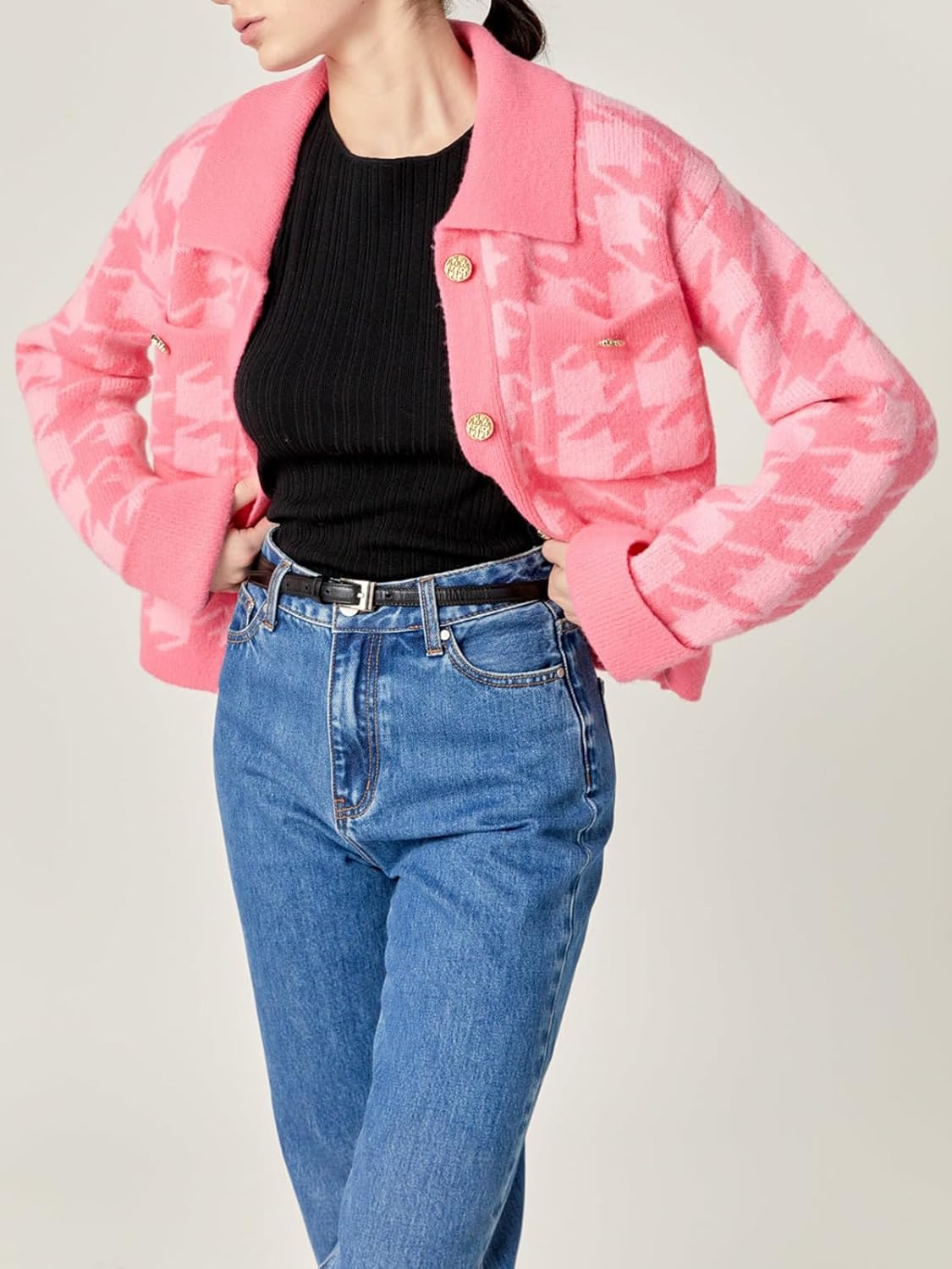 HOULENGS Women's Casual Plaid Cropped Cardigan Sweater Long Sleeve Button Down Lapel Knit Sweater Coats with Pockets - Image 5