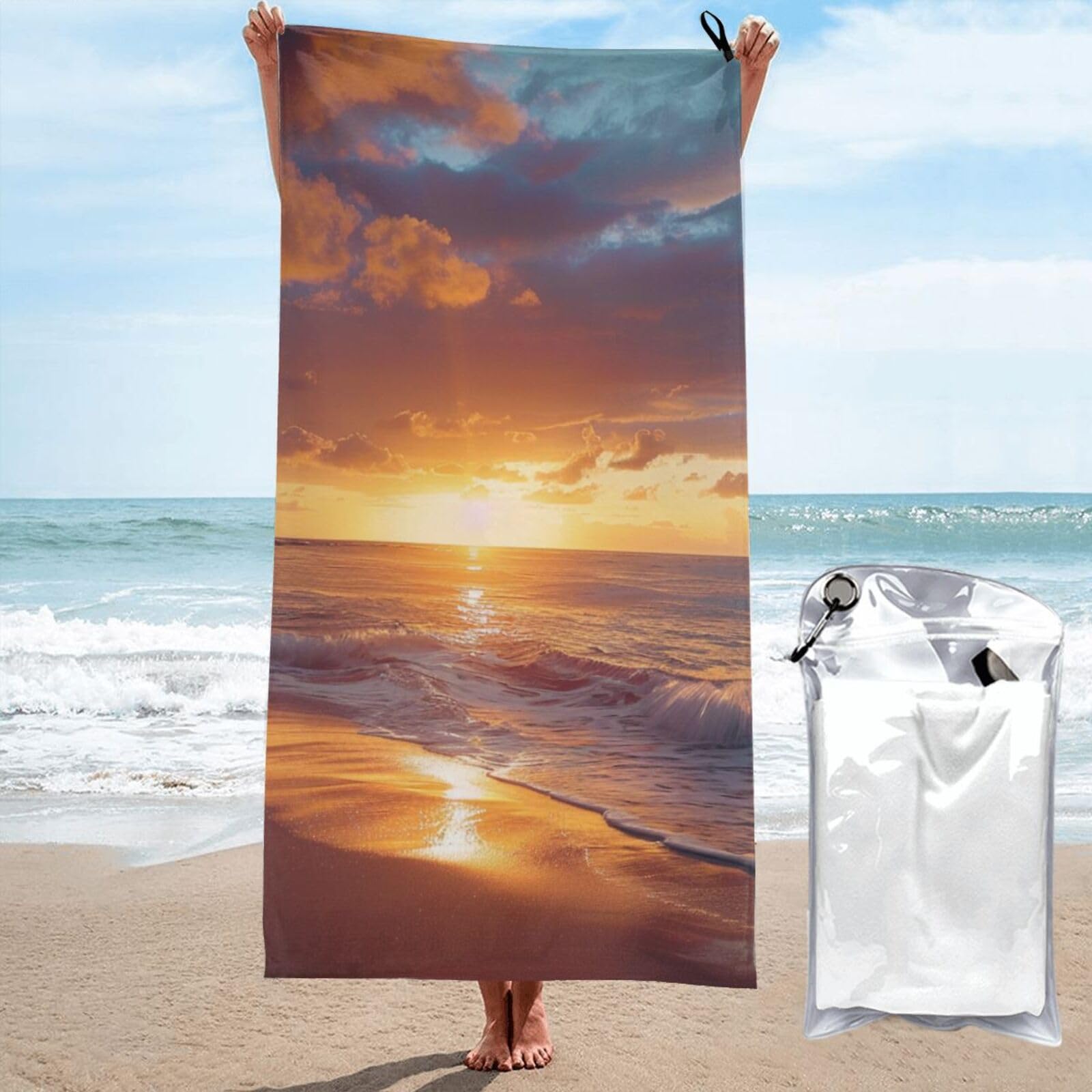 kkvhhyuo Microfiber Beach Towel, Sunset beach Printed Lightweight Quick Dry Travel Bath Sheet with Compact Carry Bag for Swimming Yoga Camping Gym,31.5"x63"