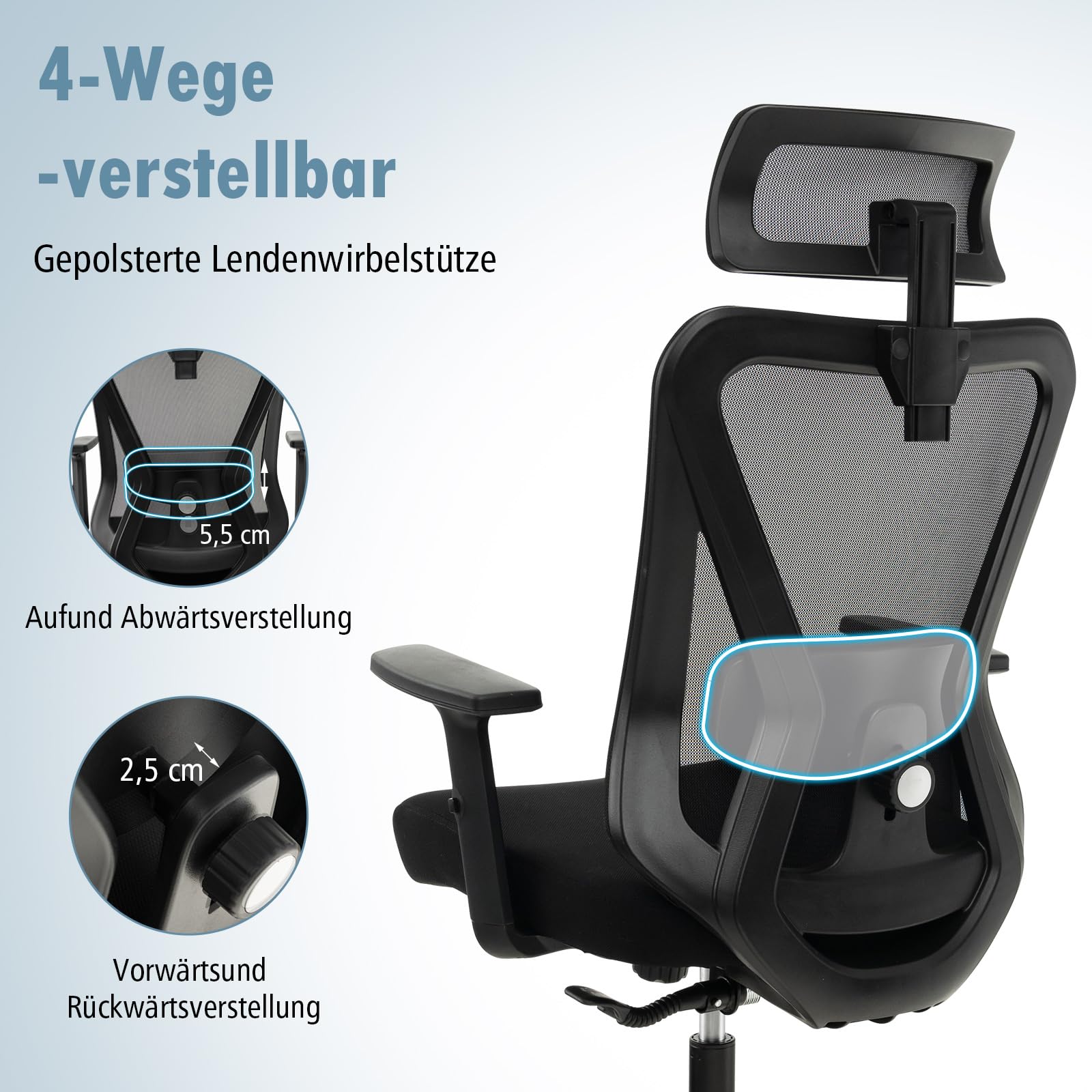 COSTWAY Ergonomiczne krzesło biurowe, krzesło do biurka z regulowanym podparciem lędźwiowym, zagłówkiem, podłokietnikiem i oparciem, krzesło komputerowe z funkcją przechylania, krzesło obrotowe,