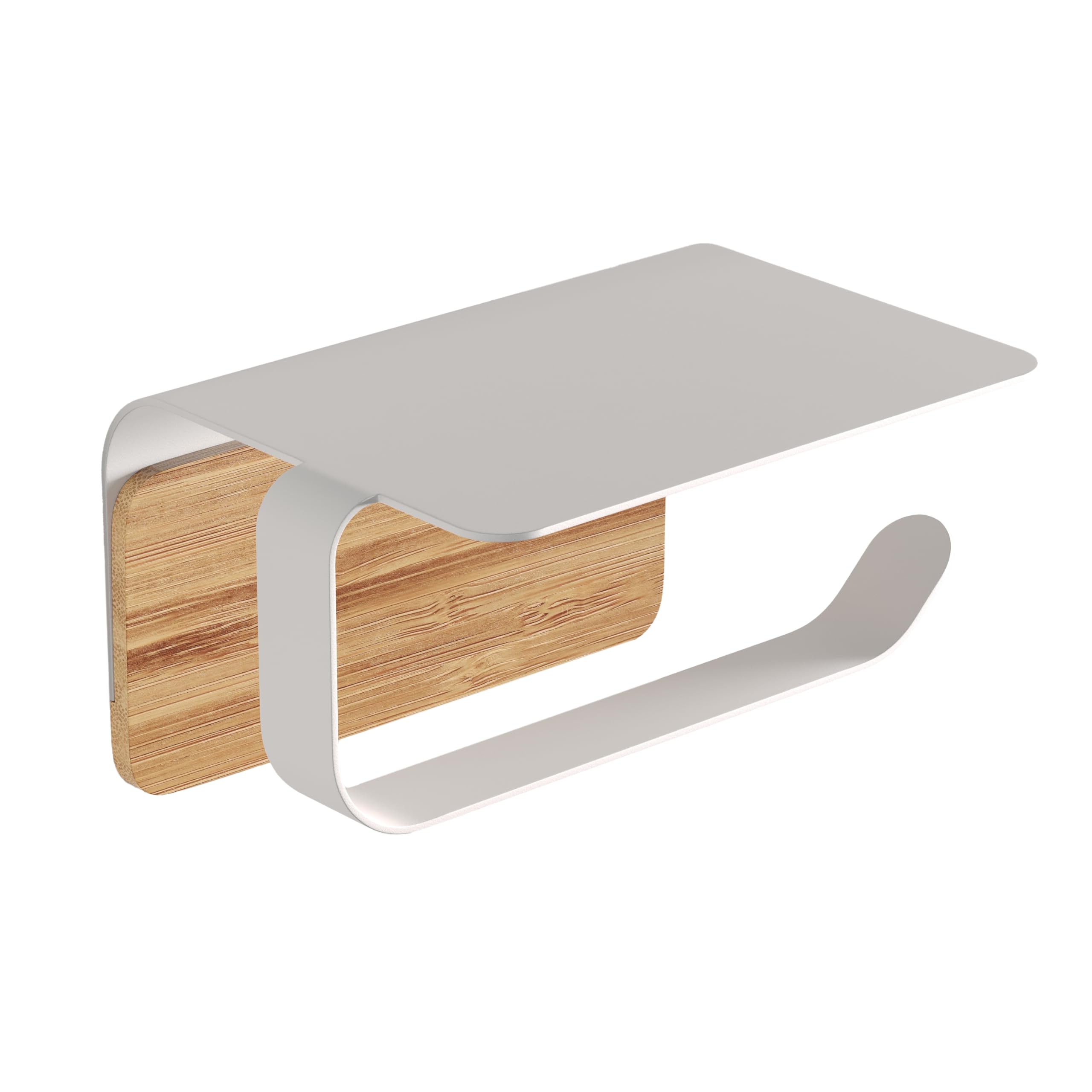KAZAI.® Portarrollos de Papel Higiénico Leif - con Estante | Montaje en Pared y Autoadhesivo (Sin Taladro) | Acero Inoxidable y Auténtica Madera de Bambú | Soporte Papel para Baño | Blanco Mate