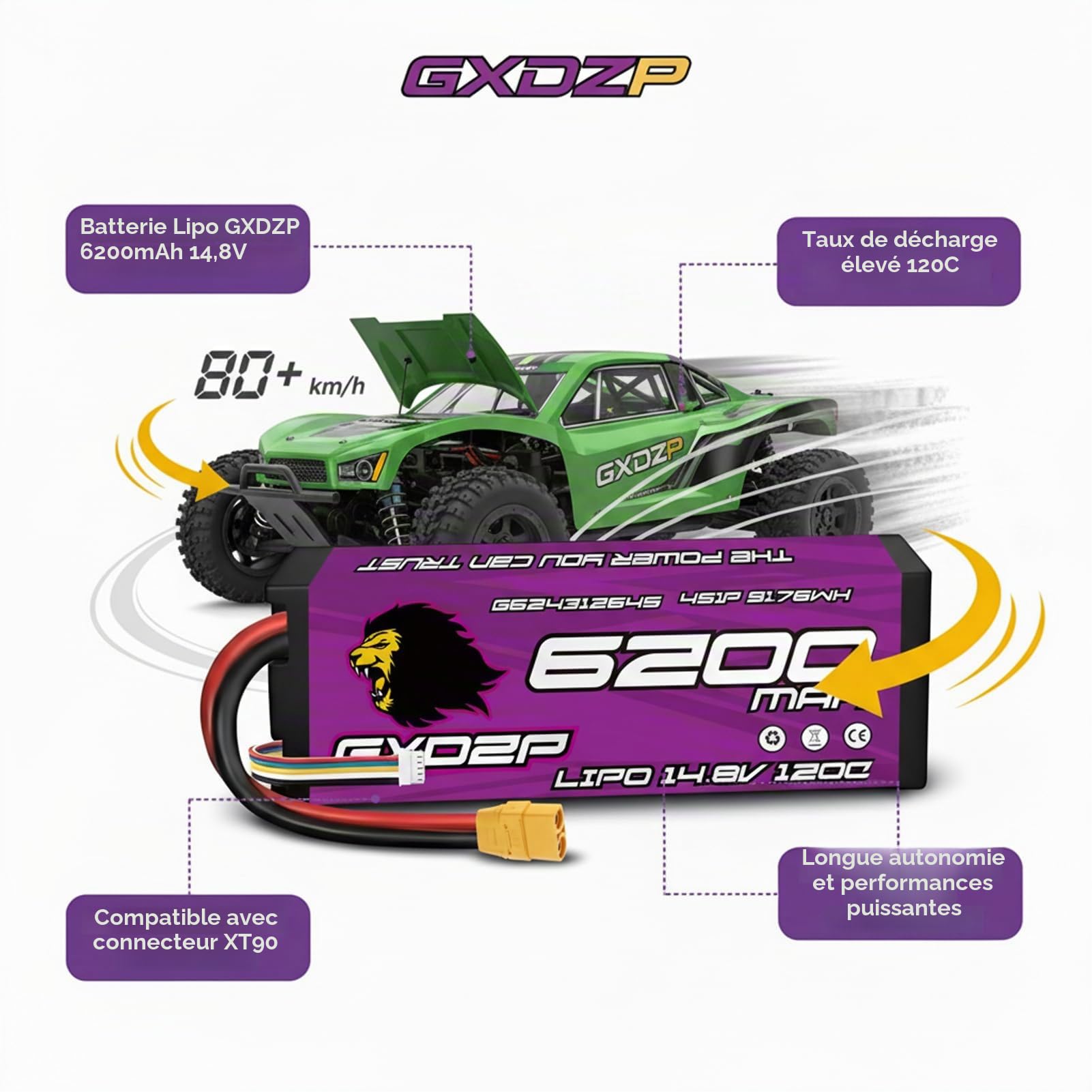 Lot 2 Batteries LiPo 4S 6200mAh 14,8V 120C XT90 Pack Double Haute Performance Longue Autonomie Boîtier Rigide pour Voiture Course Buggy Truggy Camion RC 1/10 1/8 Échelle Télécommandé