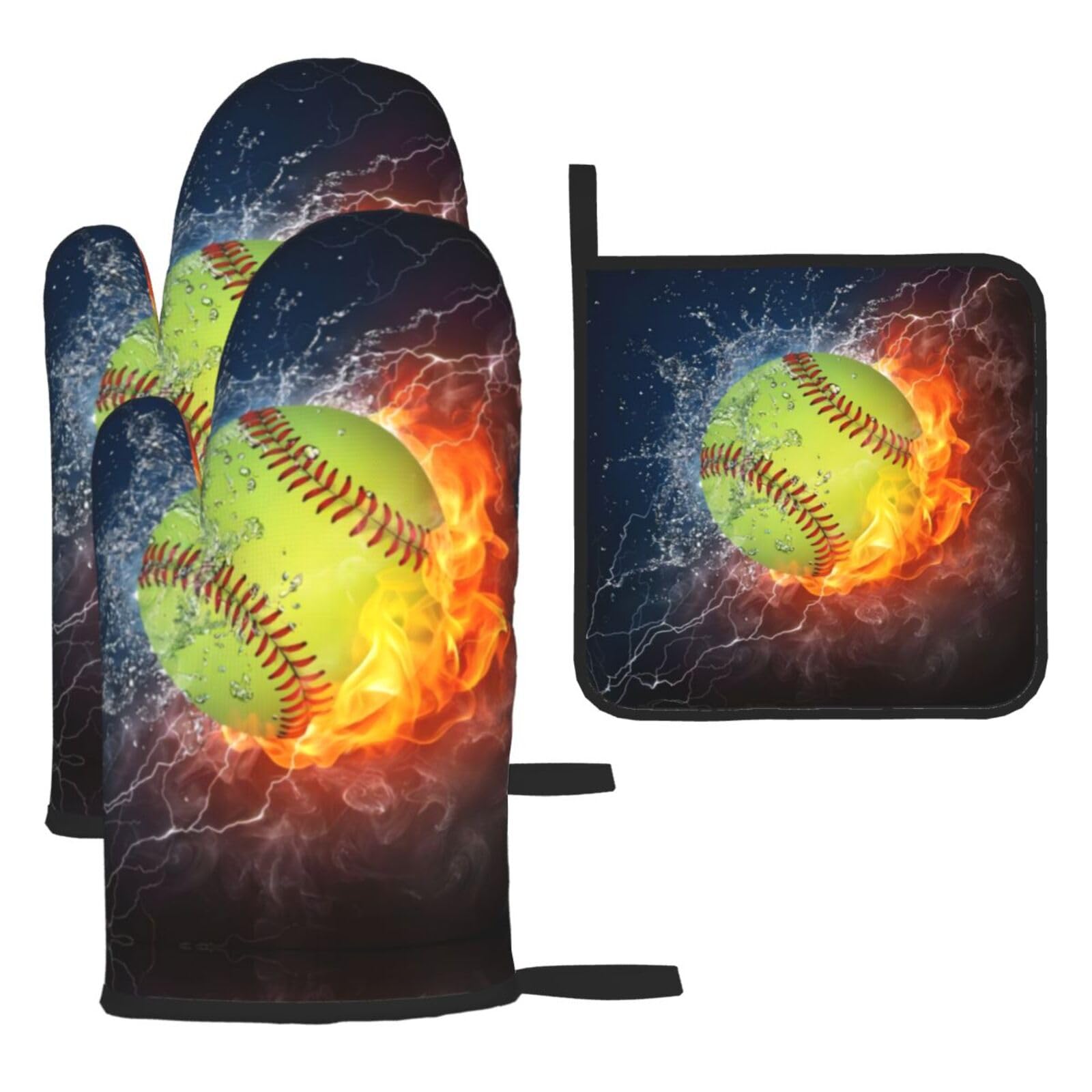 Softball Printed Oven Mitt Set 3-Piece | Heat Resistant Gloves & Pot Holder Mat for Cooking, Baking & BBQ